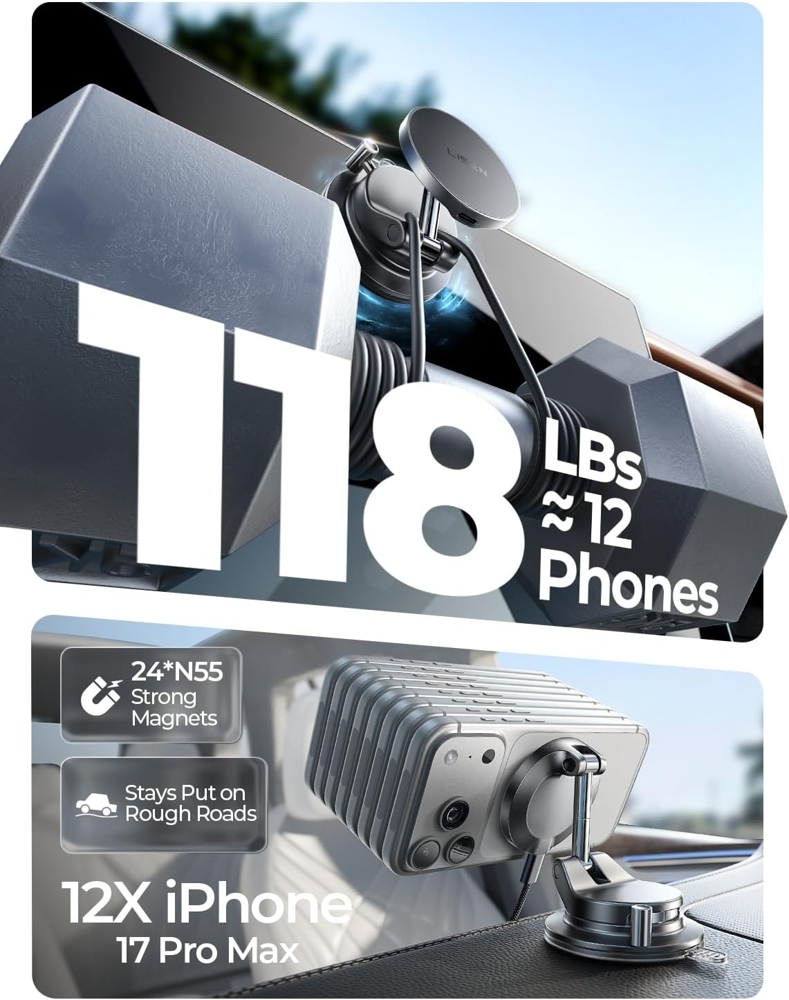 image:imageLISEN 15W MagSafe Car Mount Charger Magnetic Wireless Car Phone HolderBlack