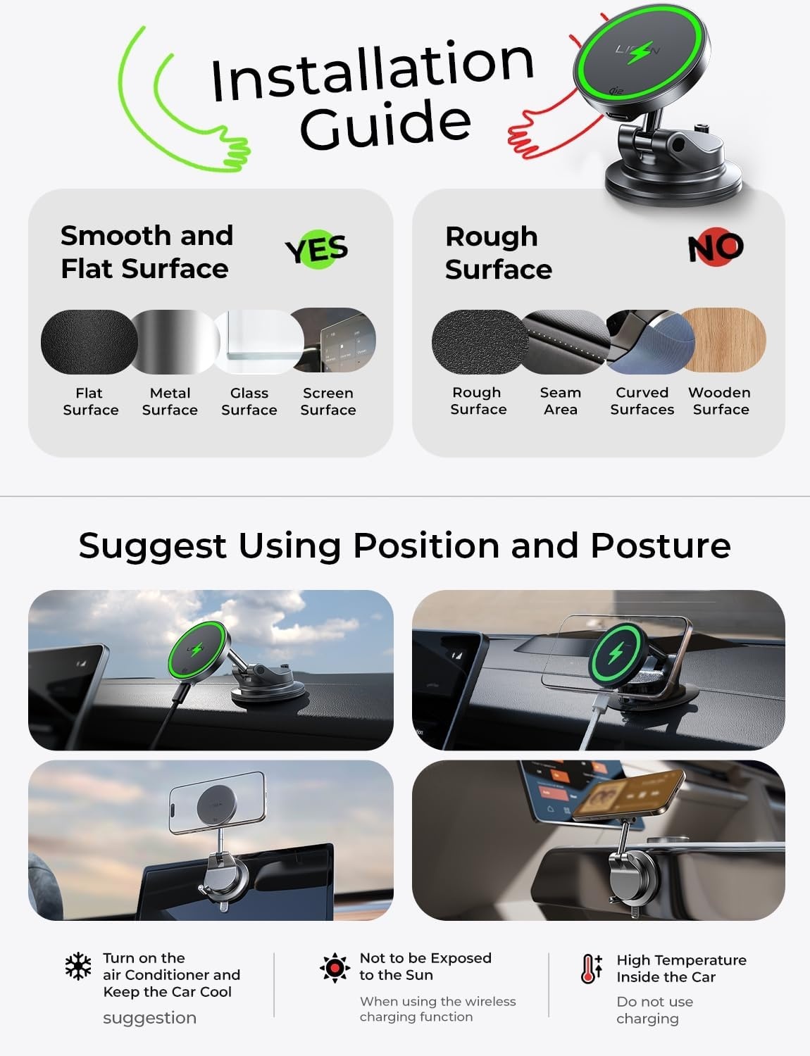 image:imageLISEN 15W MagSafe Car Mount Charger Magnetic Wireless Car Phone HolderBlack