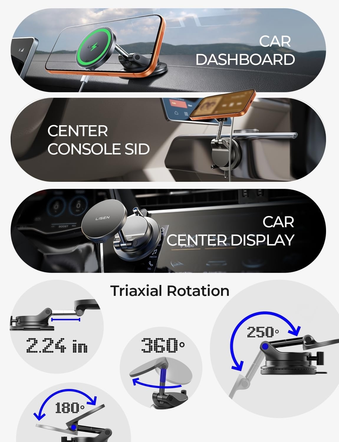 image:imageLISEN 15W MagSafe Car Mount Charger Magnetic Wireless Car Phone HolderMatte Black