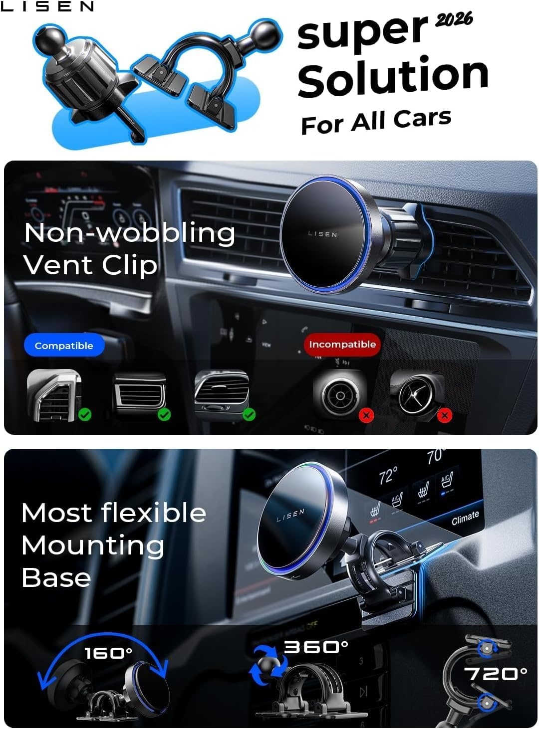 image:imageLISEN 15W MagSafe Car Mount ChargerLight Pink Magnetic Wireless Car Charger Dashboard amp Air Vent Car Phone Mounts Car Phone Holder for iPhone 1712 Samsung Pixel Cute Car Accessories for WomenBlack Gray