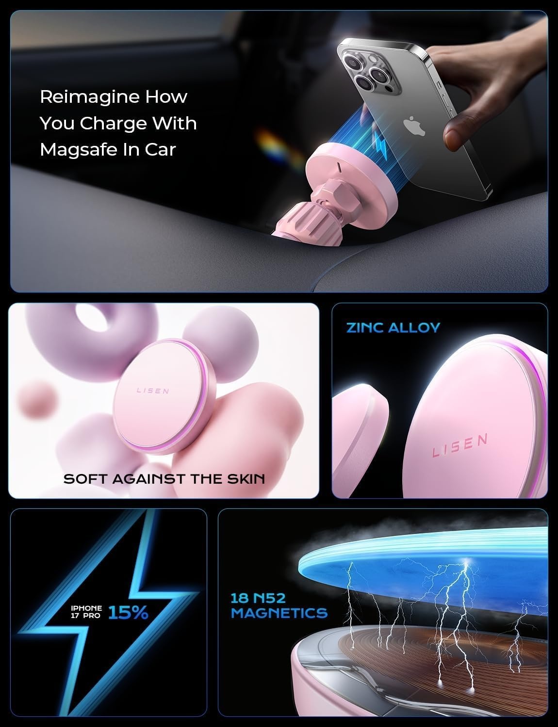 image:imageLISEN 15W MagSafe Car Mount ChargerLight Pink Magnetic Wireless Car Charger Dashboard amp Air Vent Car Phone Mounts Car Phone Holder for iPhone 1712 Samsung Pixel Cute Car Accessories for WomenLight Pink