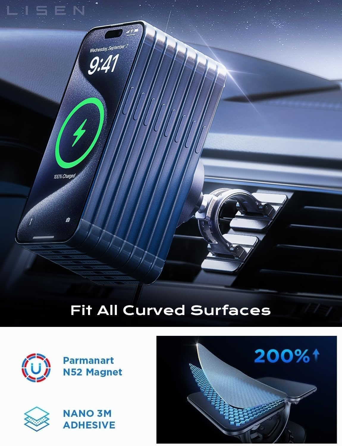 image:imageLISEN 15W MagSafe Car Mount ChargerLight Pink Magnetic Wireless Car Charger Dashboard amp Air Vent Car Phone Mounts Car Phone Holder for iPhone 1712 Samsung Pixel Cute Car Accessories for WomenBlack Gray
