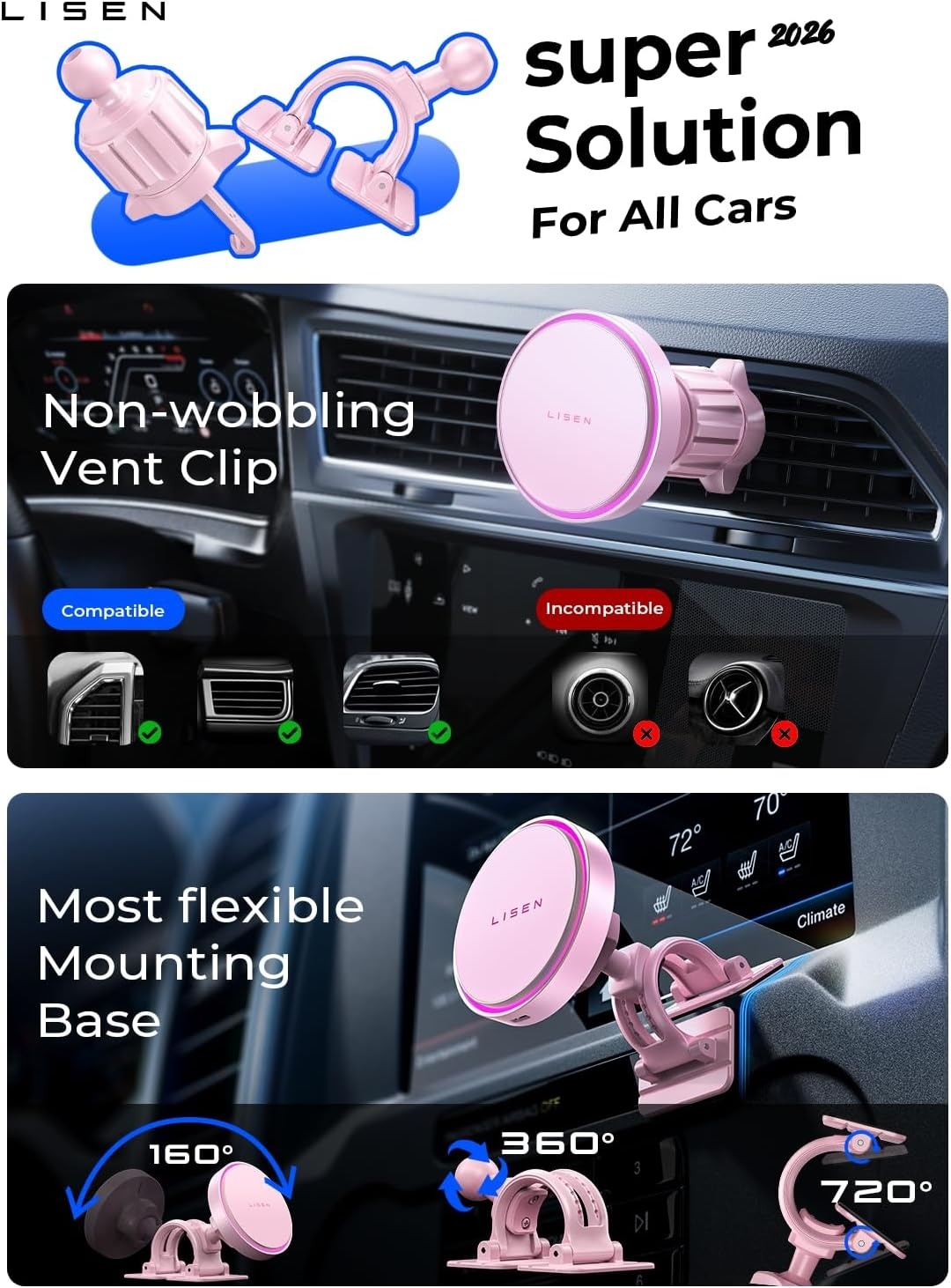 image:imageLISEN 15W MagSafe Car Mount ChargerLight Pink Magnetic Wireless Car Charger Dashboard amp Air Vent Car Phone Mounts Car Phone Holder for iPhone 1712 Samsung Pixel Cute Car Accessories for WomenLight Pink