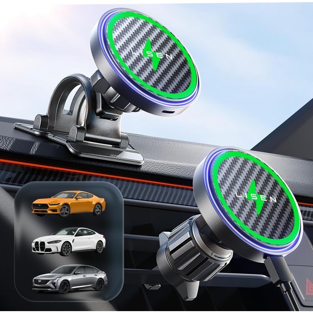 image:imageLISEN 15W MagSafe Car Mount ChargerLight Pink Magnetic Wireless Car Charger Dashboard amp Air Vent Car Phone Mounts Car Phone Holder for iPhone 1712 Samsung Pixel Cute Car Accessories for WomenCarbon Fiber