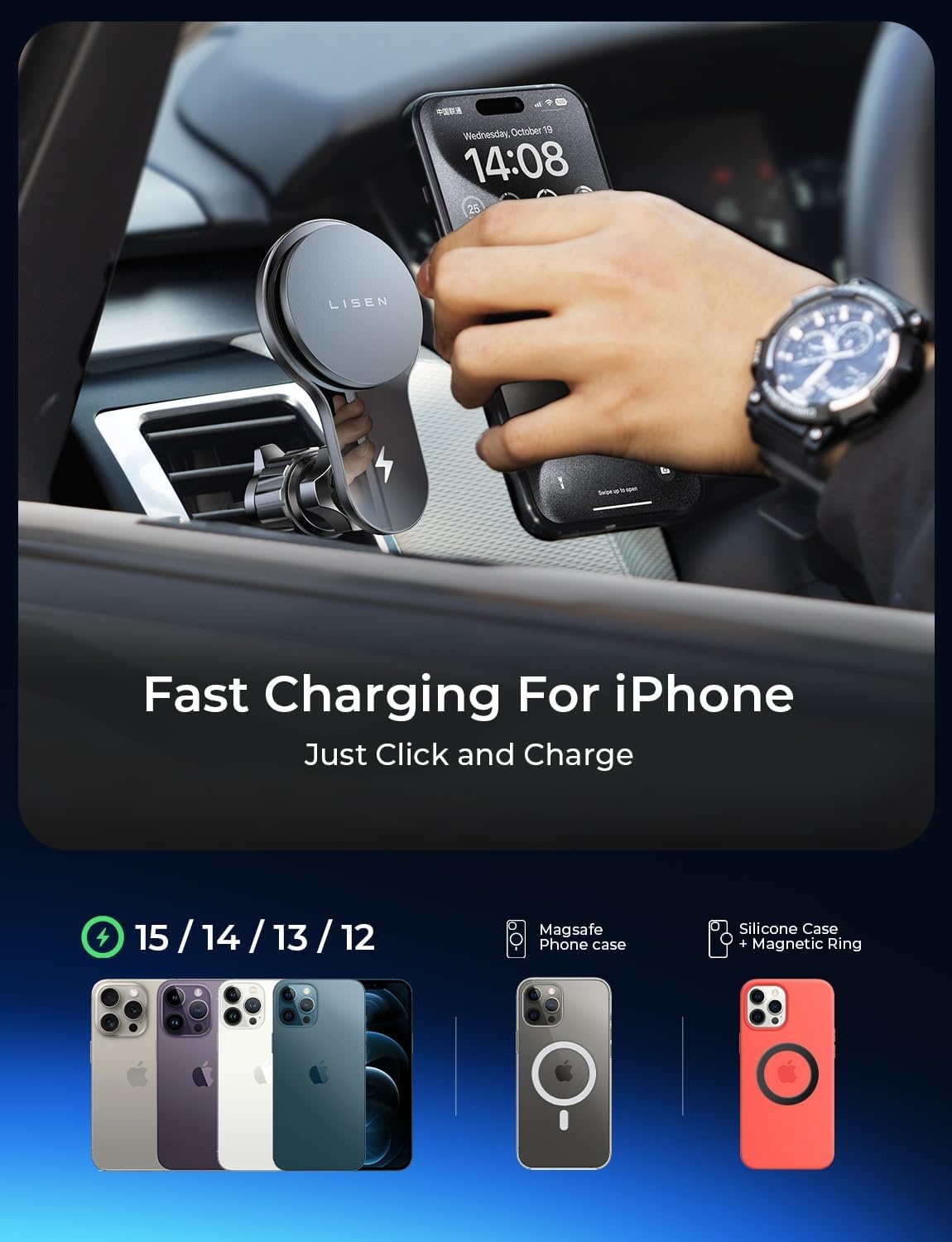 image:imageLISEN for 15w Magsafe Car Vent Mount Charger with Turbo Fan Cooling 8C Reduction for iPhone 16 Wireless Magnetic Car Phone Holder Mount Charger Fit for iPhone 16e 16 15 14 13 12 Samsung Android