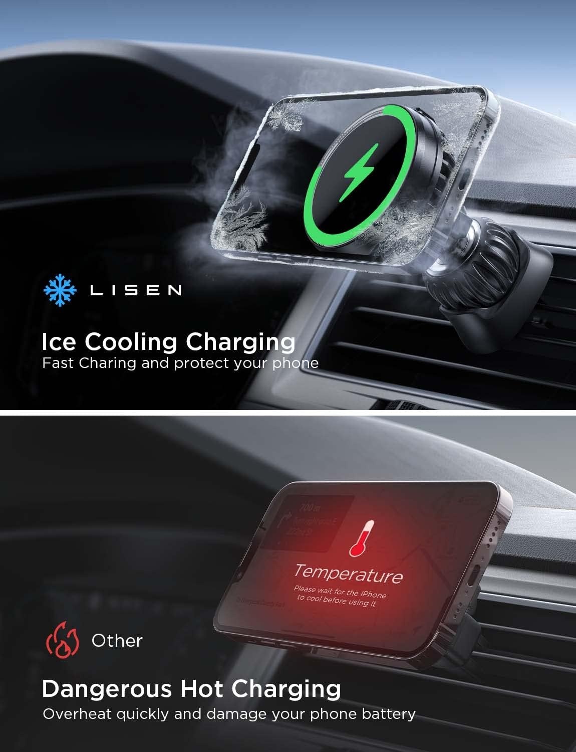 image:imageLISEN for MagSafe Car Mount Charger 15W Wireless Car Charger Mount Update Cooling Fan MagSafe Car Charger Hands Free iPhone Car Holder Mount Fit for iPhone 16 15 14 13 12 Pro Max Plus Mini Black