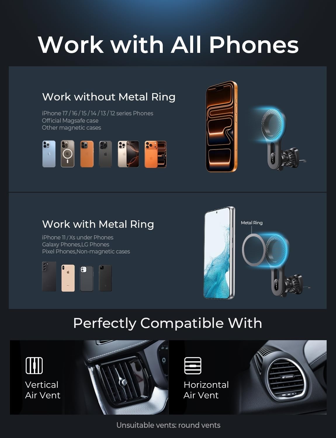 image:imageLISEN for MagSafe Car Mount Magnetic Phone Holder for Car Vent Phone Mount Super Magnetic Car Phone Mount Air Vent Hands Free Phone Mount Gifts Car Phone Holder Magnetic for iPhone 17 Pro Max 16Carbon Fiber