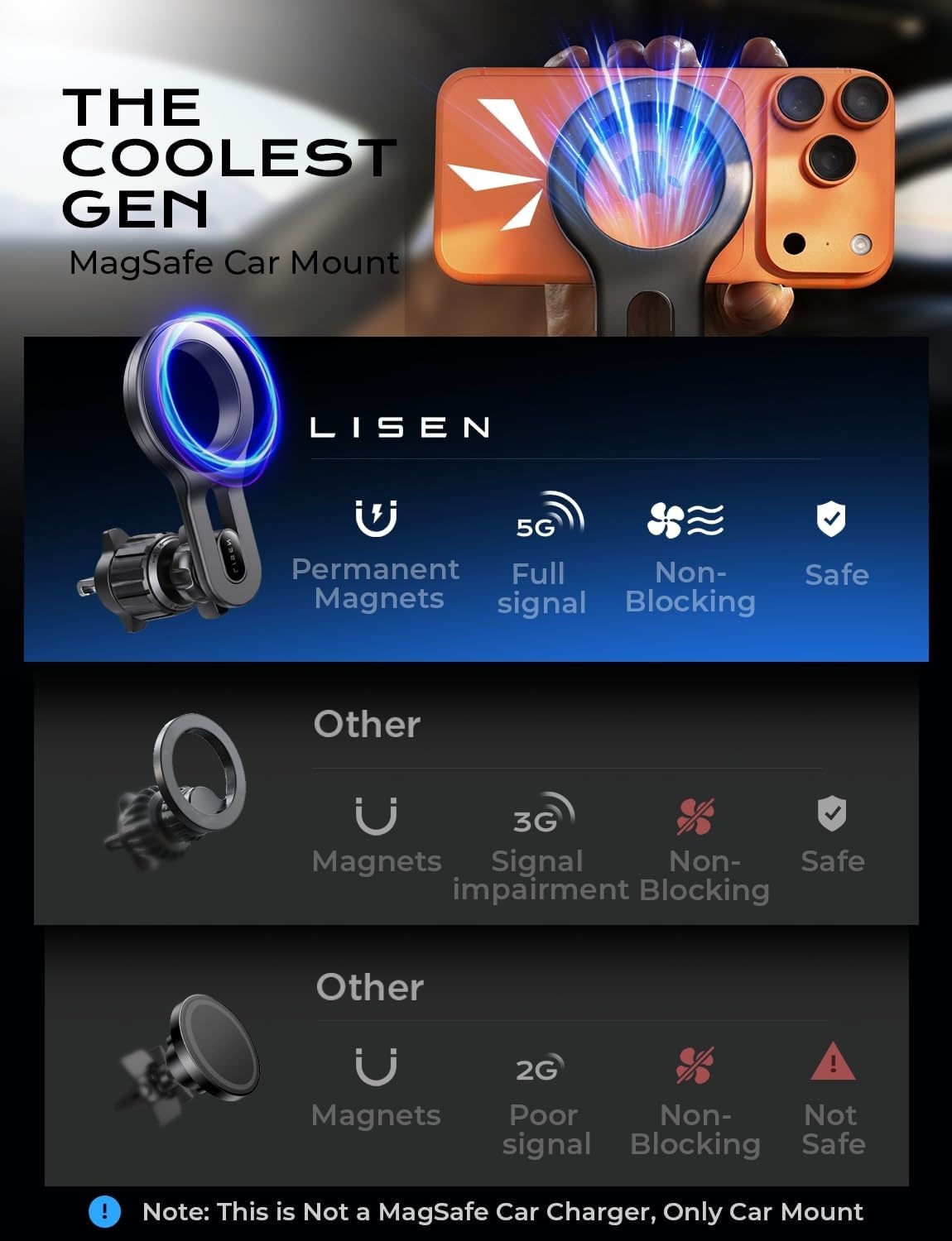 image:imageLISEN for MagSafe Car Mount Magnetic Phone Holder for Car Vent Phone Mount Super Magnetic Car Phone Mount Air Vent Hands Free Phone Mount Gifts Car Phone Holder Magnetic for iPhone 17 Pro Max 16Black