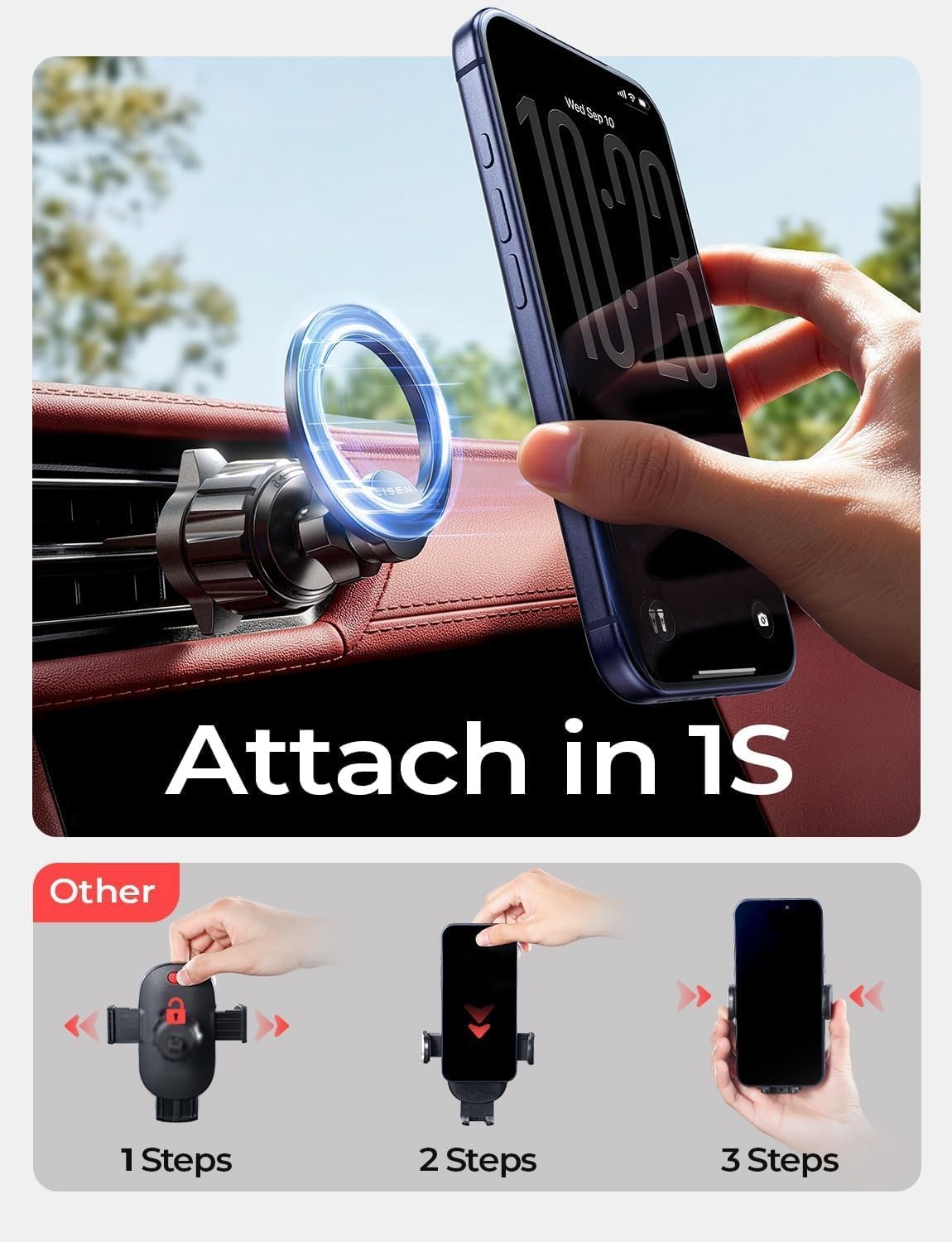 image:imageLISEN for MagSafe Car Phone Mount Strong Magnets Magnetic Phone Holders for Your Car 2in1 Vent Dashboard Magnet Cell Phones Holder Mounts Car Accessories Gifts for Men Women fit iPhone BlackBlack