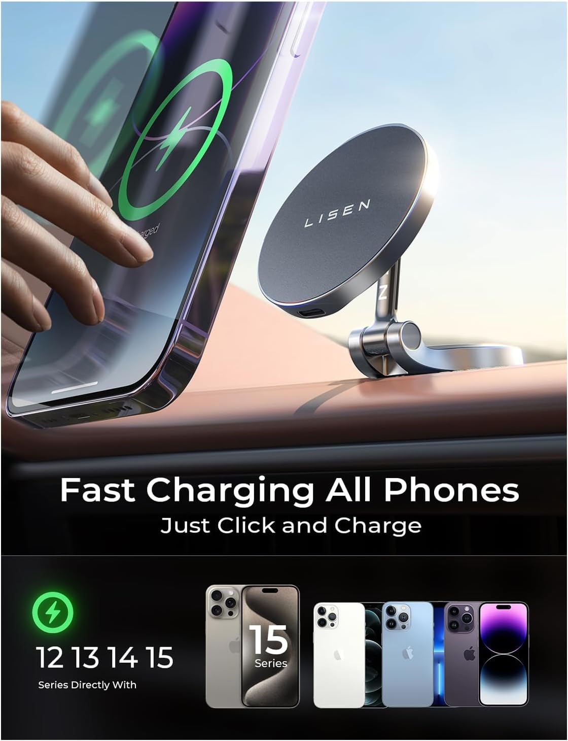 image:imageLISEN for Magsafe Car Charger 15W Ultra Magnetic Car Phone Holder for Magsafe Car Mount Charger Metal Dashboard Cell Phone Car Mount for iPhone 16 15 14 13 12Pro Max Plus