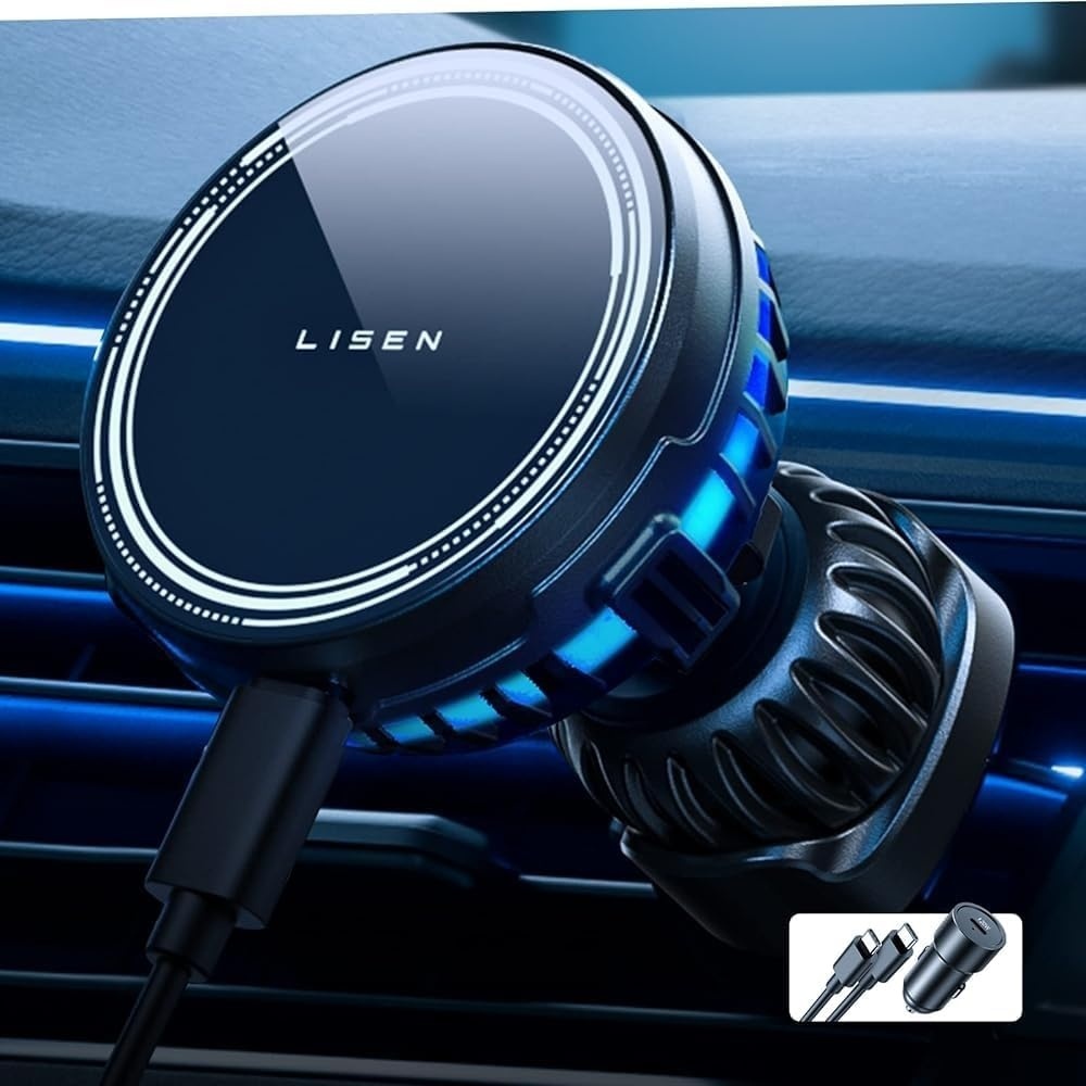 image:imageLISEN for MagSafe Car Mount Charger 15W Wireless Car Charger Mount Update Cooling Fan MagSafe Car Charger Hands Free iPhone Car Holder Mount Fit for iPhone 16 15 14 13 12 Pro Max Plus Mini Black