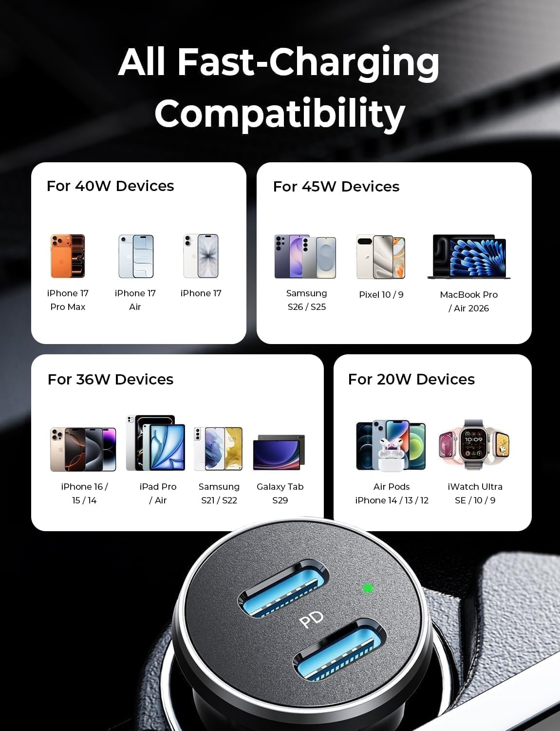 image:imageLISEN 90W Car Charger USB C Fast ChargeUSB C Car Charger for iPhone 17 ProBlack