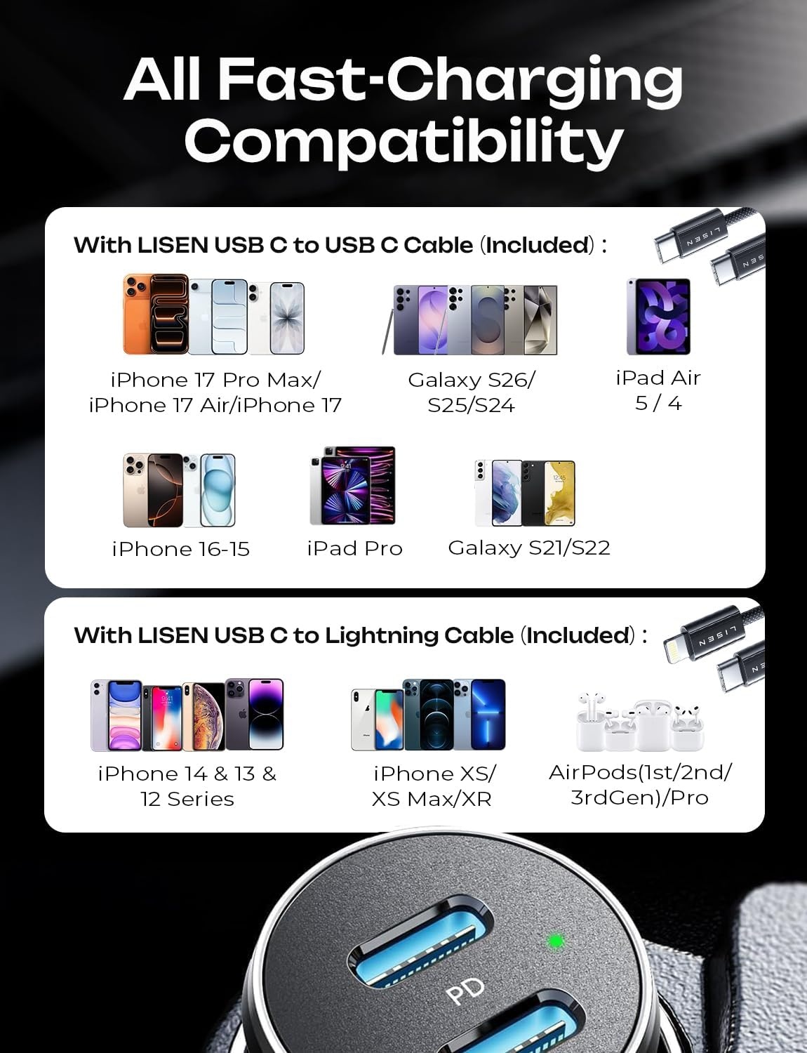 image:imageLISEN 90W Car Charger USB C Fast ChargeUSB C Car Charger for iPhone 17 ProBlack