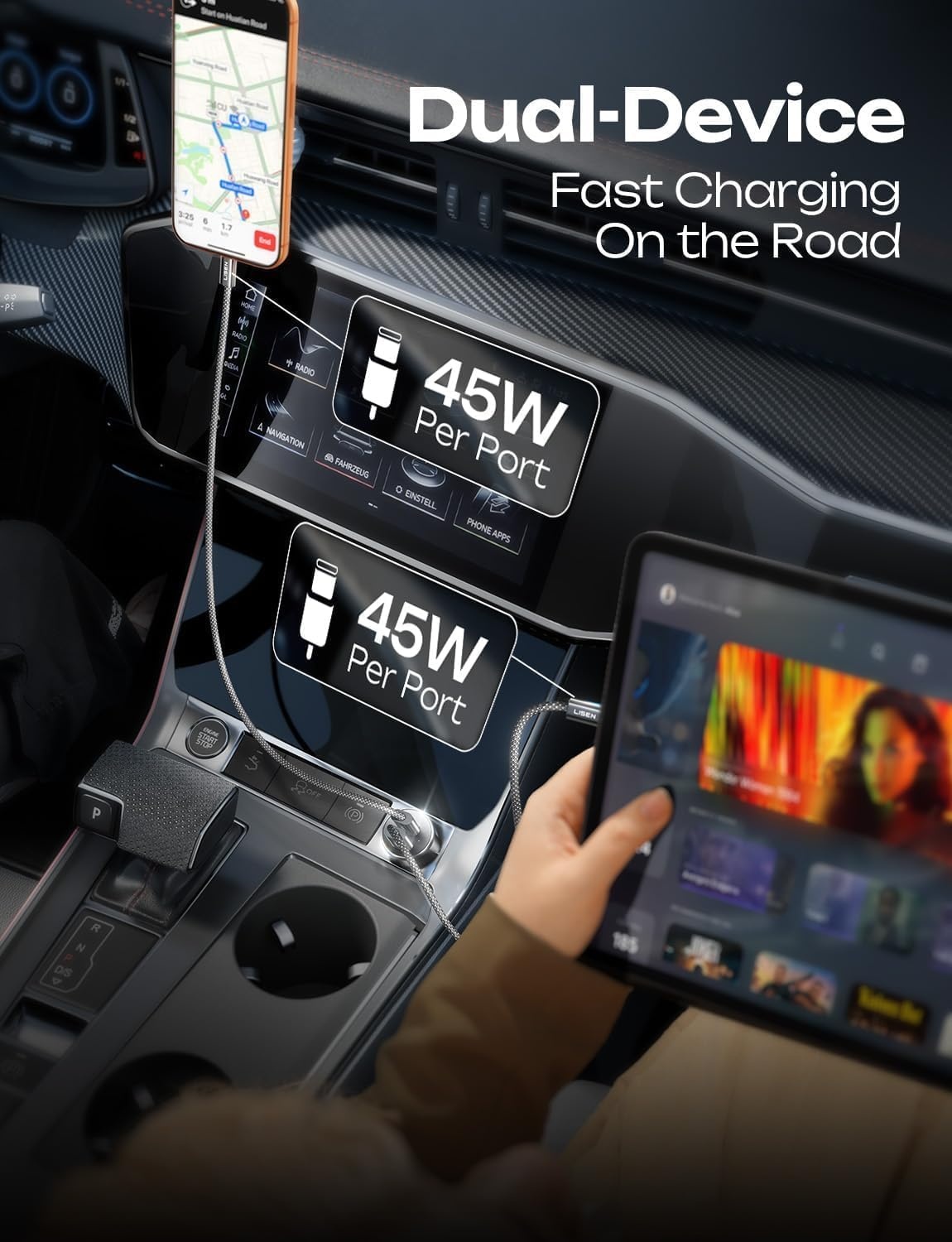 image:imageLISEN 90W Car Charger USB C Fast ChargeUSB C Car Charger for iPhone 17 ProBlack
