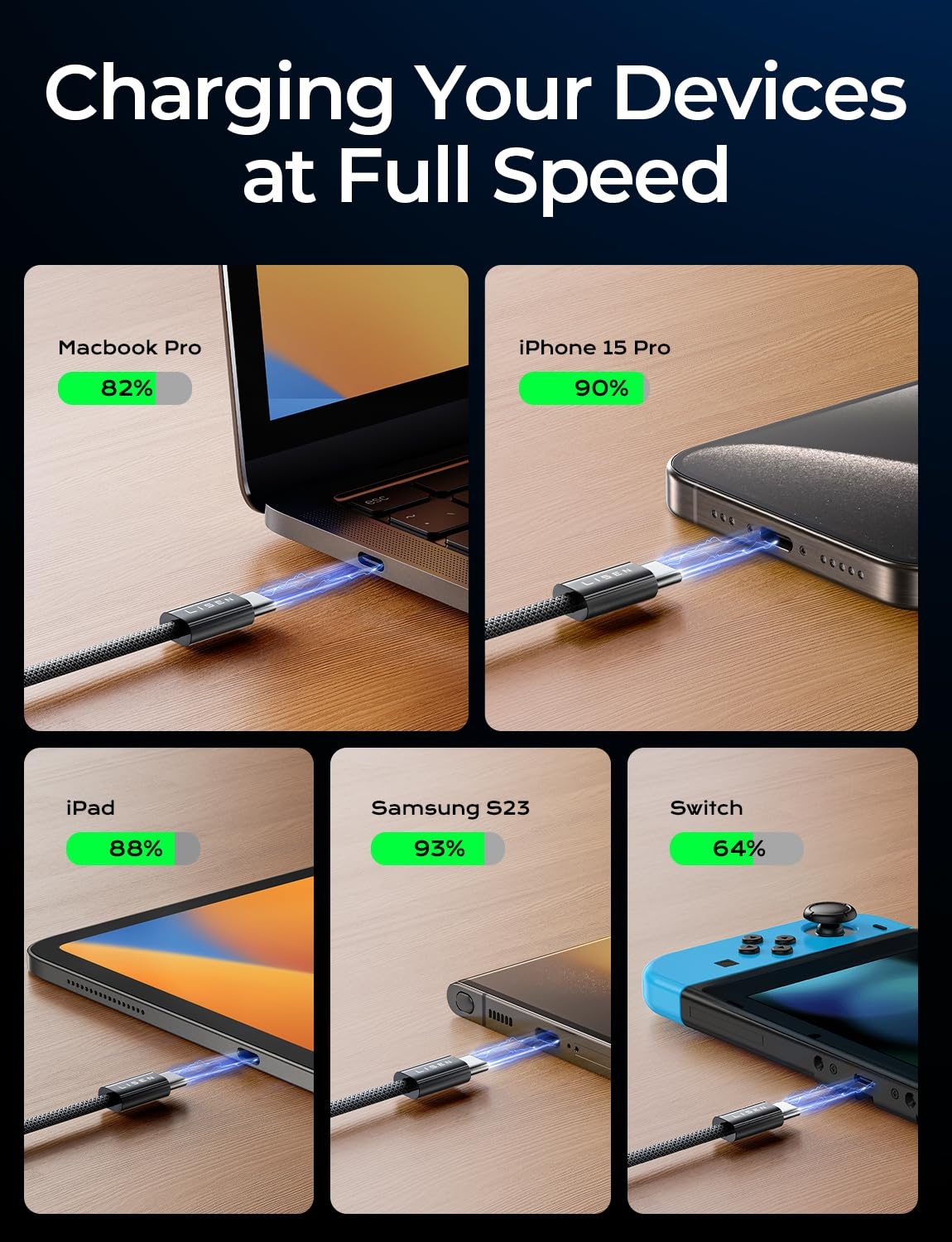 image:imageLISEN USB C to USB C Cable 240W Fast Charging Type C Charger Cord 66FTBlack