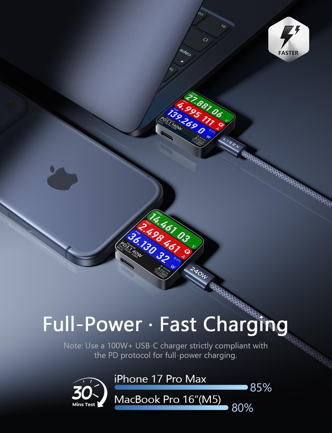 image:imageLISEN USB C to USB C Cable 240W Fast Charging Type C Charger Cord 66FTMidnight