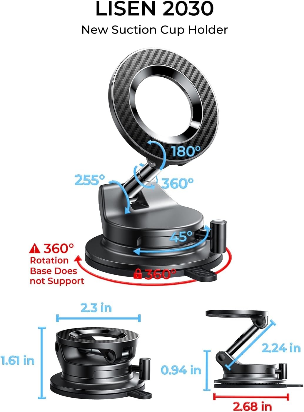 image:imageLISEN for MagSafe Car Mount 3800gf Strong Magnet amp 90LBS Suction 360 Adjustable Vacuum Magnetic Phone Holders for Your Car for iPhone 17 Pro Max 16 15 14 13 12 Plus Air for All SmartphonesCarbon Fiber