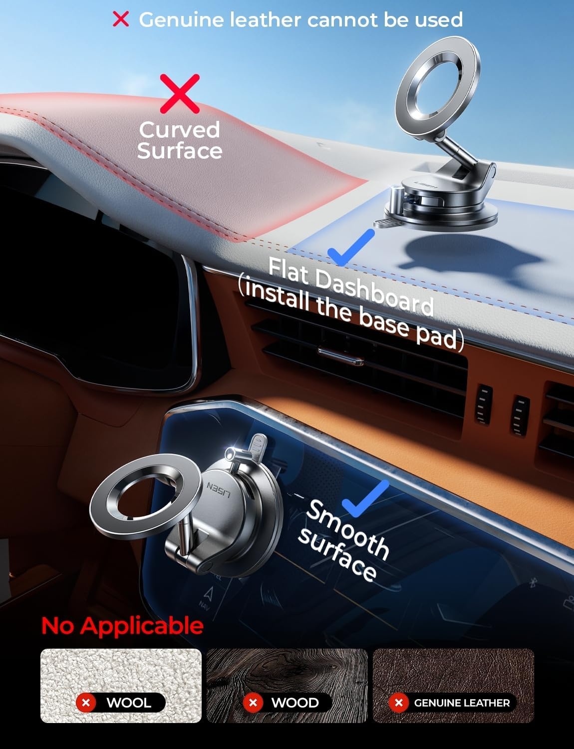 image:imageLISEN for MagSafe Car Mount 3800gf Strong Magnet amp 90LBS Suction 360 Adjustable Vacuum Magnetic Phone Holders for Your Car for iPhone 17 Pro Max 16 15 14 13 12 Plus Air for All SmartphonesCarbon Fiber