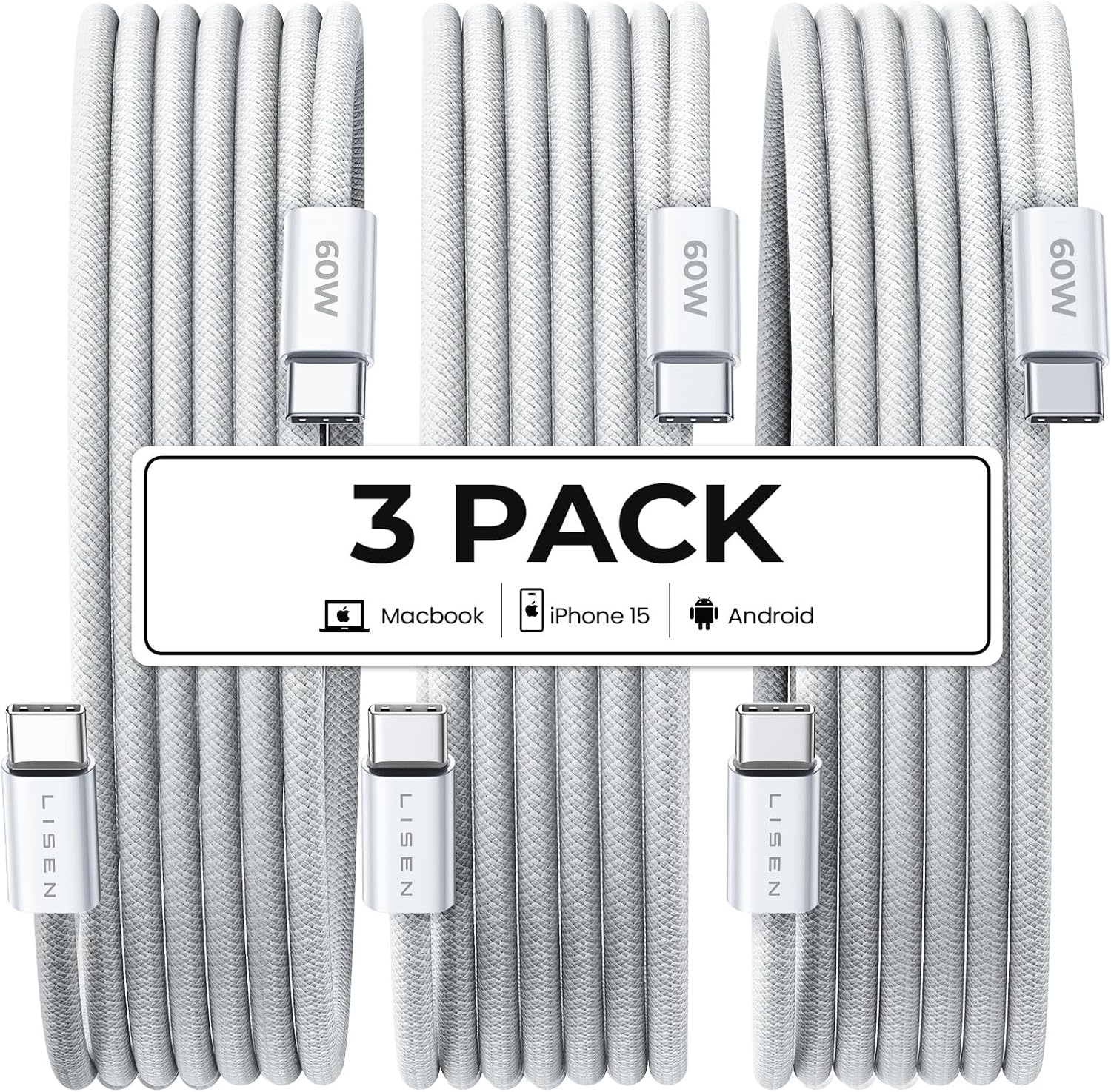 image:imageLISEN for iPhone 16 15 USB C to USB C Fast Charging 60W USB C Cable Type C Fast Charging Cable for iPhone 16 15Samsung Galaxy S25 Ultra Plus S24 S23 iPad Pro 13 129inch iPad Air 5White 3Pack 6FTWhite