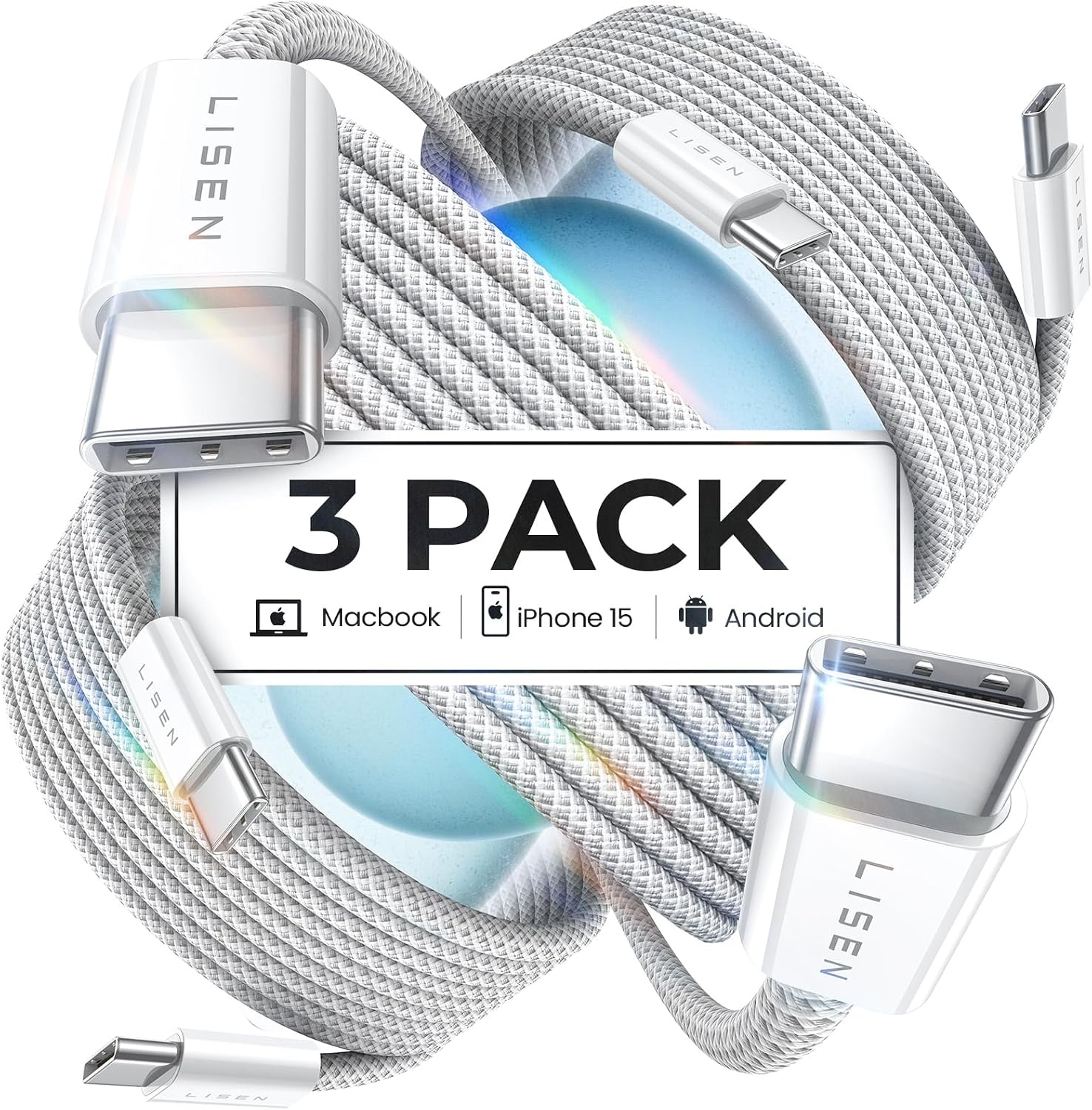 image:imageLISEN for iPhone 16 15 USB C to USB C Fast Charging 60W USB C Cable Type C Fast Charging Cable for iPhone 16 15Samsung Galaxy S25 Ultra Plus S24 S23 iPad Pro 13 129inch iPad Air 5White 3Pack 6FTWhite