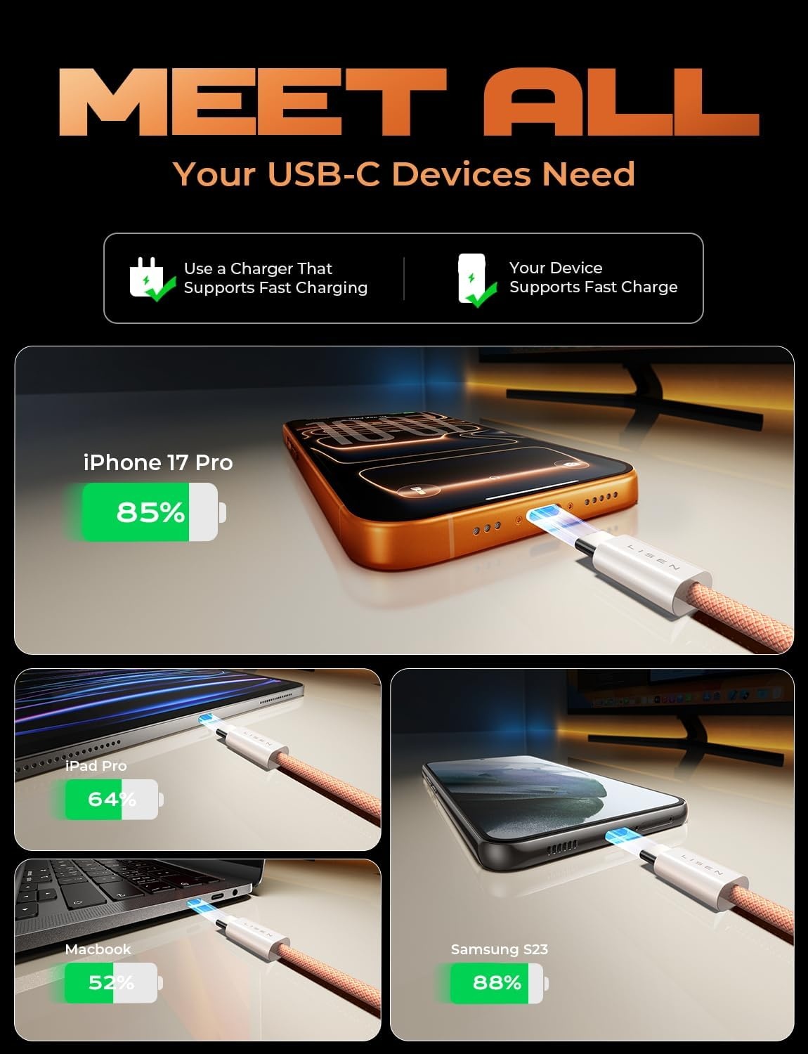 image:imageLISEN for iPhone 16 15 USB C to USB C Fast Charging 60W USB C Cable Type C Fast Charging Cable for iPhone 16 15Samsung Galaxy S25 Ultra Plus S24 S23 iPad Pro 13 129inch iPad Air 5White 3Pack 6FTOrange