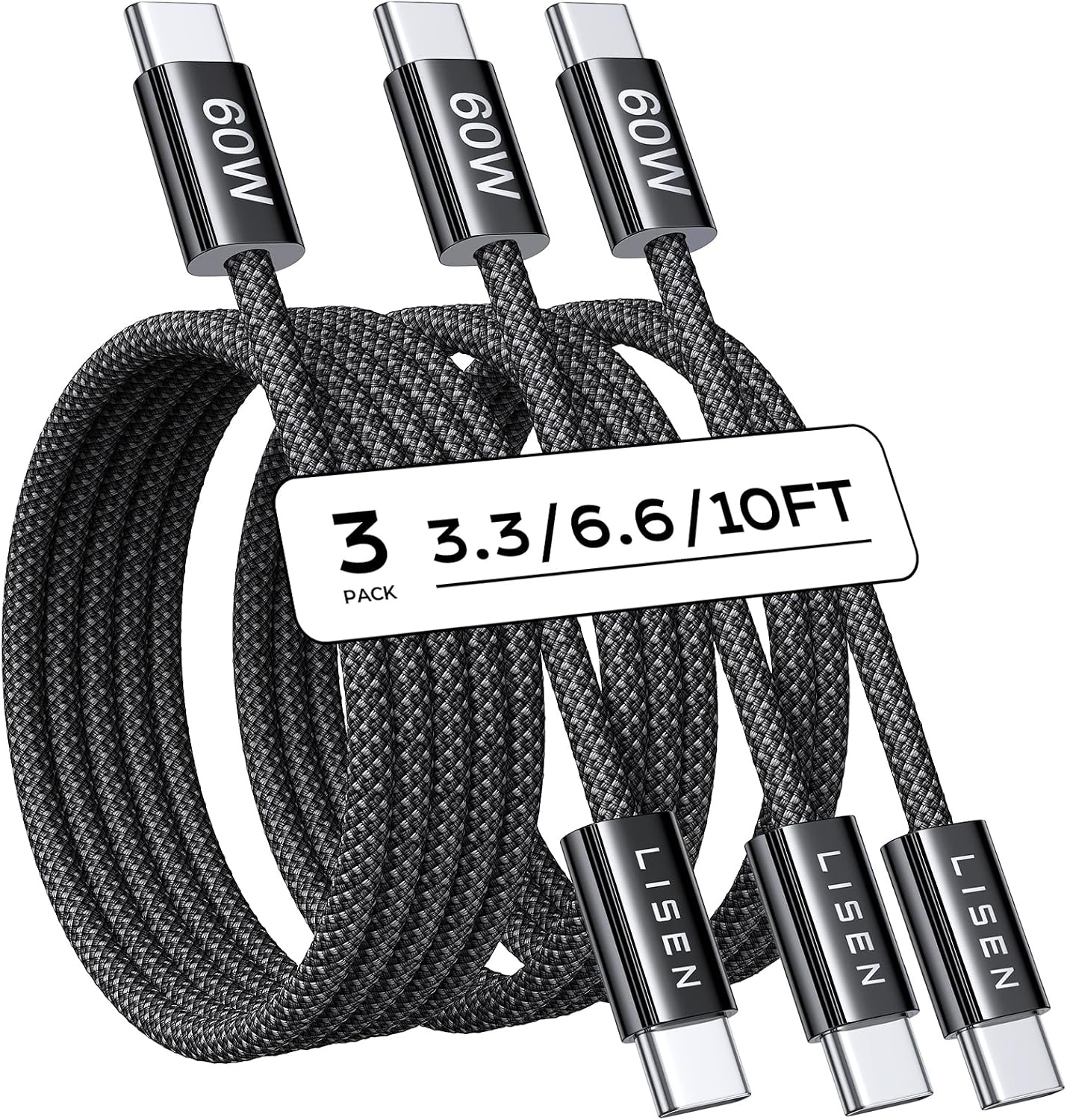image:imageLISEN for iPhone 16 15 USB C to USB C Fast Charging 60W USB C Cable Type C Fast Charging Cable for iPhone 16 15Samsung Galaxy S25 Ultra Plus S24 S23 iPad Pro 13 129inch iPad Air 5White 3Pack 6FTBlack