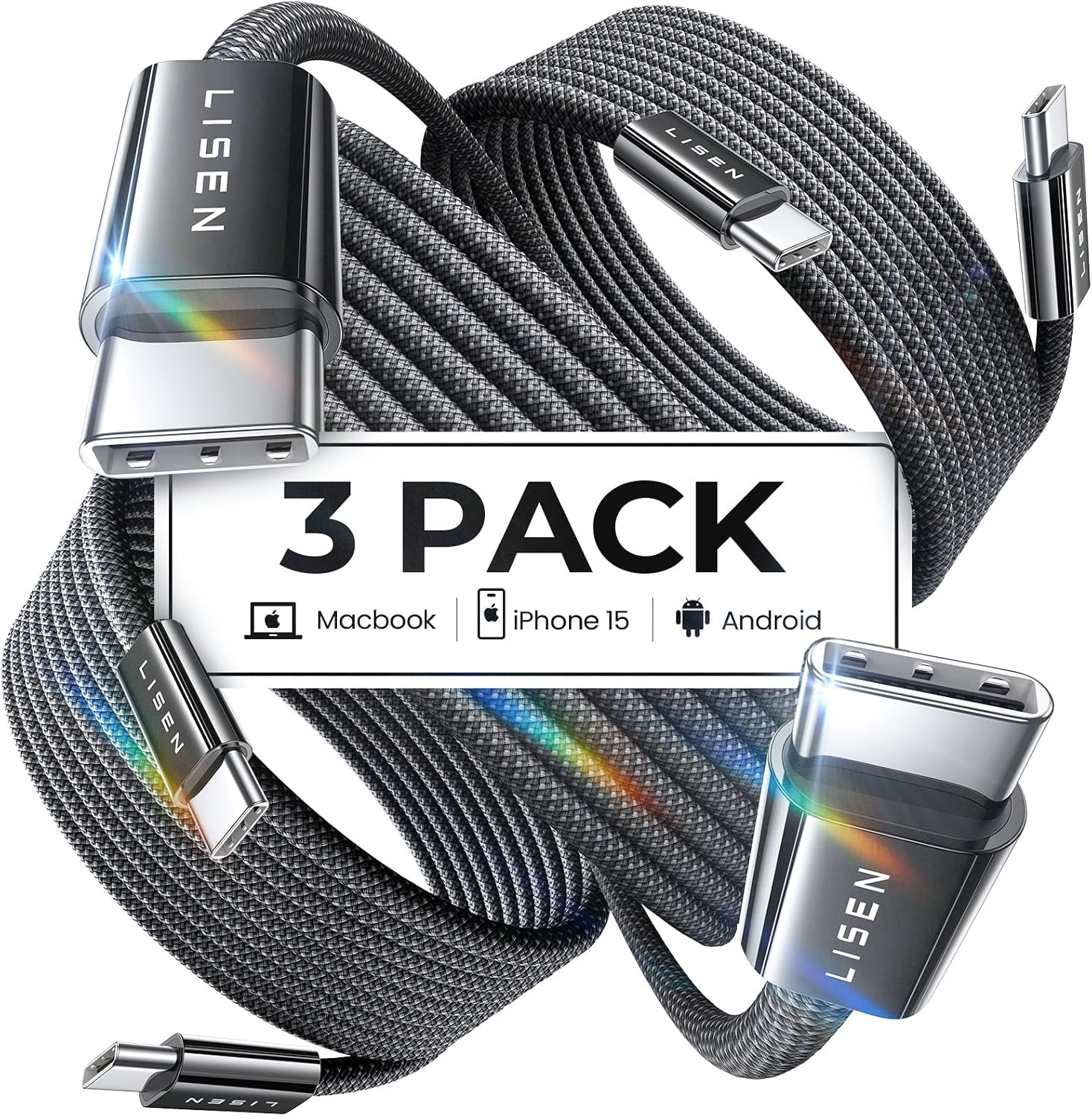 image:imageLISEN for iPhone 16 15 USB C to USB C Fast Charging 60W USB C Cable Type C Fast Charging Cable for iPhone 16 15Samsung Galaxy S25 Ultra Plus S24 S23 iPad Pro 13 129inch iPad Air 5White 3Pack 6FTBlack