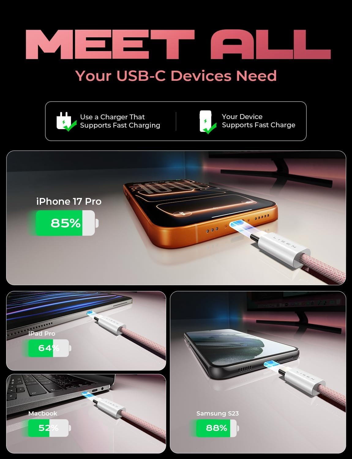 image:imageLISEN for iPhone 16 15 USB C to USB C Fast Charging 60W USB C Cable Type C Fast Charging Cable for iPhone 16 15Samsung Galaxy S25 Ultra Plus S24 S23 iPad Pro 13 129inch iPad Air 5White 3Pack 6FTPink