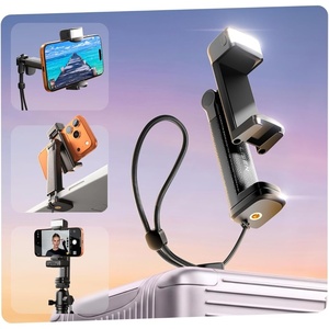 Airplane Travel Essentials (LED) Phone Stand Holder 2026 Small Phone Tripod Mount with Light | 360°180° Tilt Adjustable Smartphone Clamp Holder with Cold Shoe and 1/4″ Screw Mount for iPhone & Android(Black)