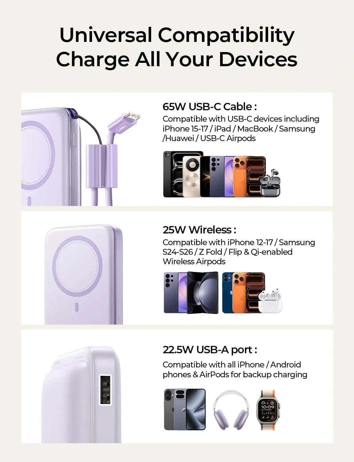 image:imageLISEN Magnetic Portable Charger Power Bank for iPhone 10000mAhSoft Violet