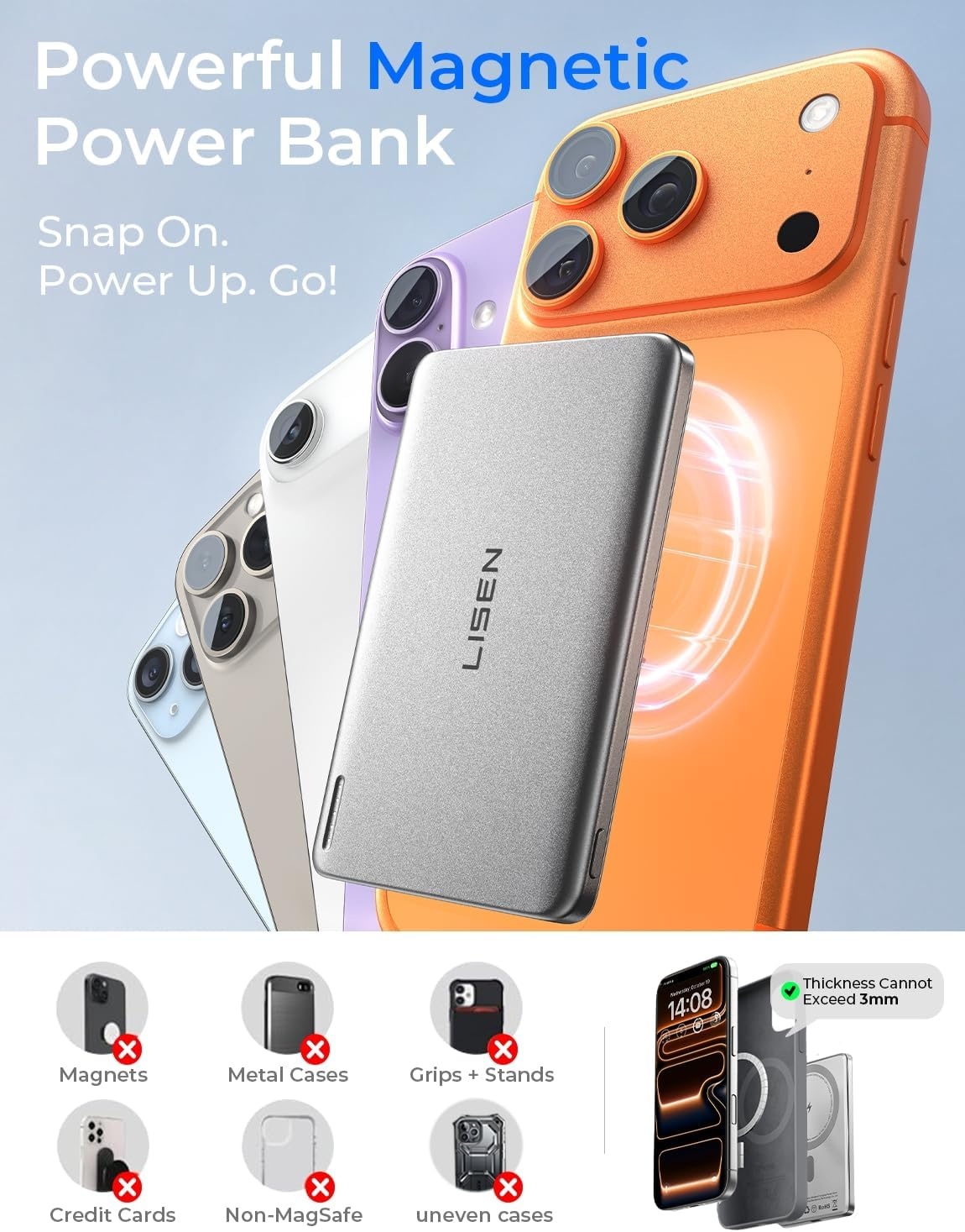 image:imageLISEN Qi2 15W Ultra Slim MagSafe Battery Pack5000mAh Fast Charging MagSafe Power Bank Slim WirelessSlim Magnetic Portable ChargerMagnetic Power Bank for iPhone Air17161512 SeriesPinkIce Grey