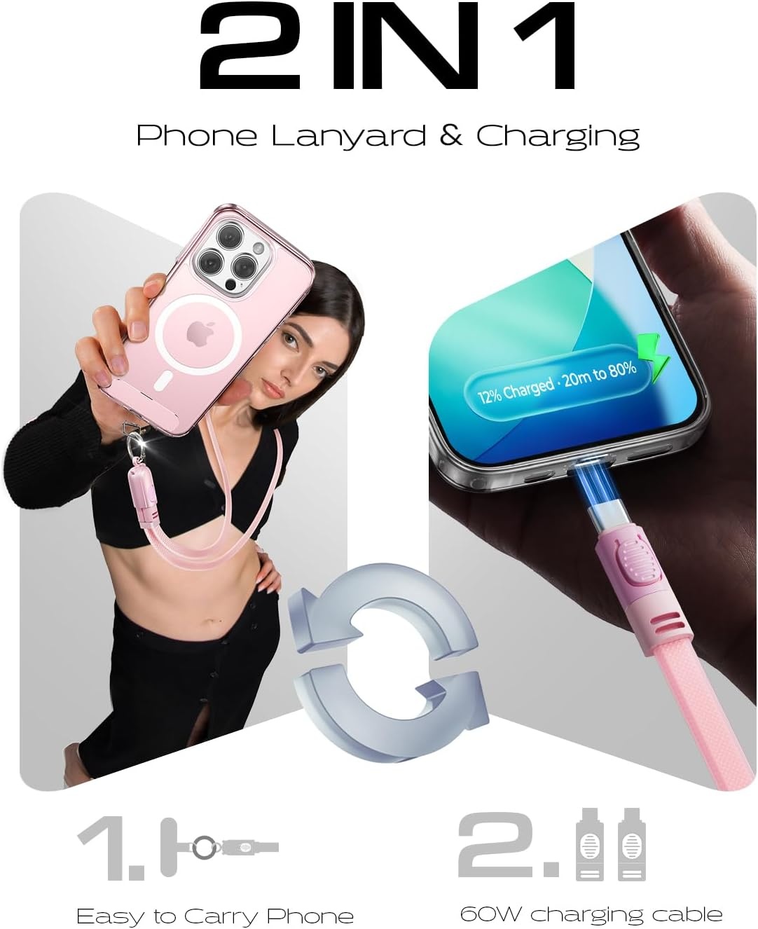 image:imageLISEN Teacher Lanyard 60W USB C Cable Phone Wrist Strap Anti Theft Phone Strap Phone Charm with 2 Pack Tether Tab Wrist Lanyard for Women and Men Teacher Purple Phone LanyardPink