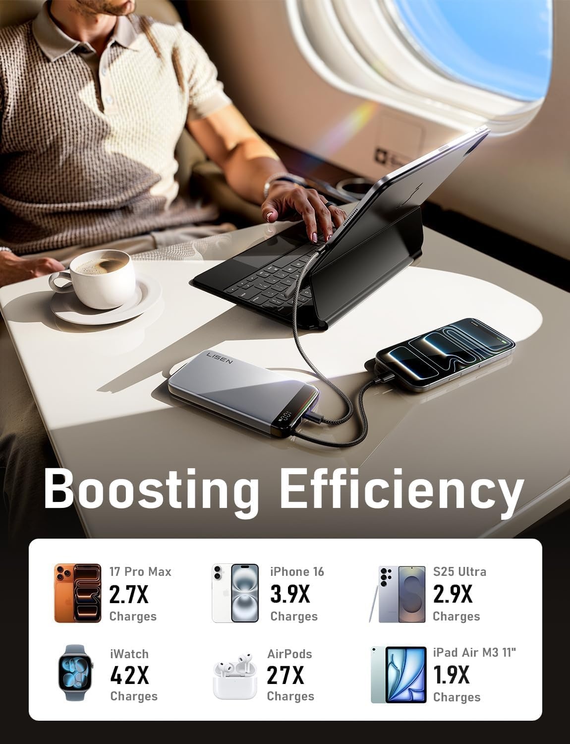 image:imageLISEN CCC Certified Metal Alloy 05 Ultra Slim 10000mAh Power Bank 3C TSA Approved Airplane Travel Essentials Portable Charger USBC Fast Charging for iPhone 17 Air 16 15 Pro Samsung Galaxy S26Silver