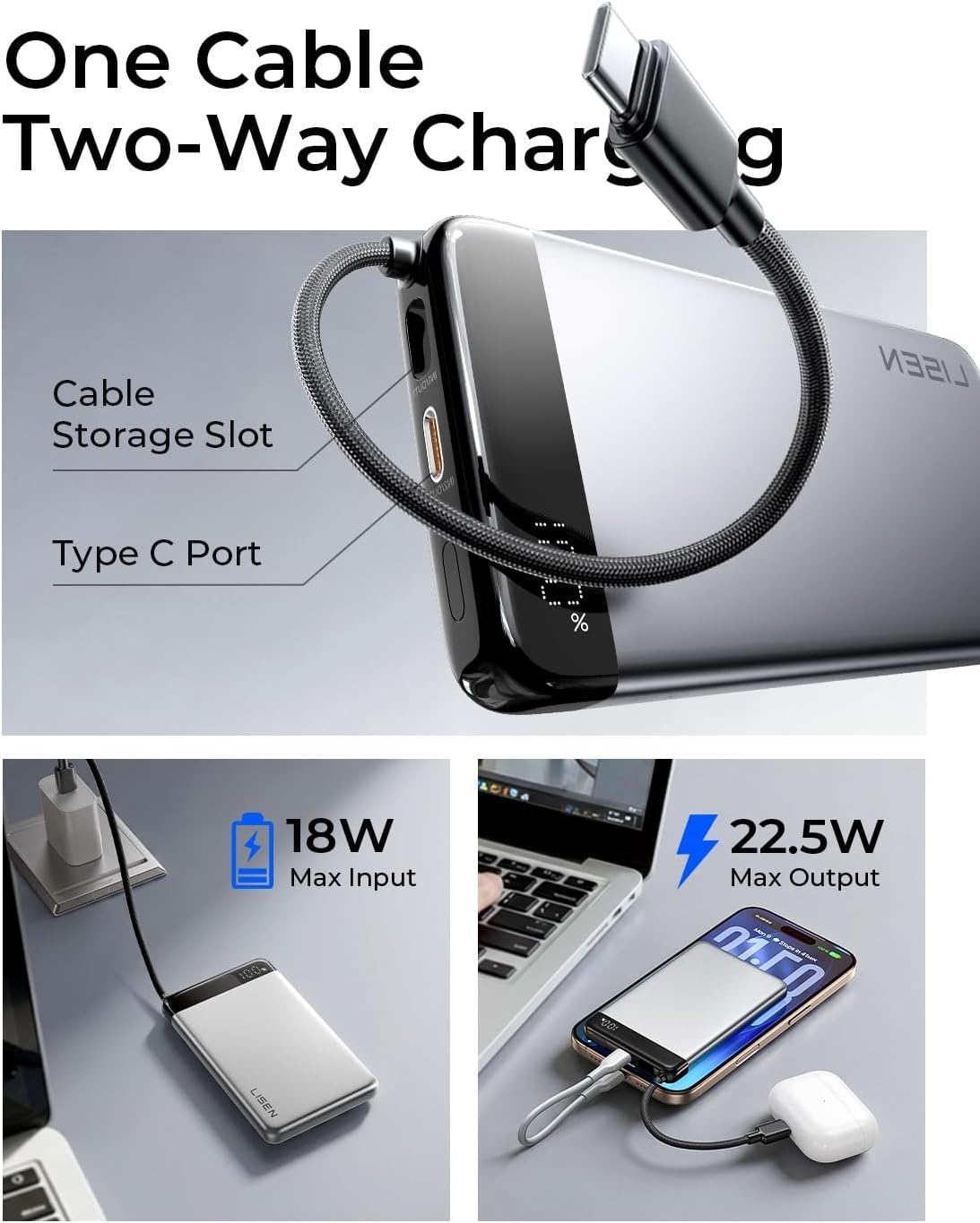 image:imageLISEN CCC Certified Metal Alloy 05 Ultra Slim 10000mAh Power Bank 3C TSA Approved Airplane Travel Essentials Portable Charger USBC Fast Charging for iPhone 17 Air 16 15 Pro Samsung Galaxy S26Silver