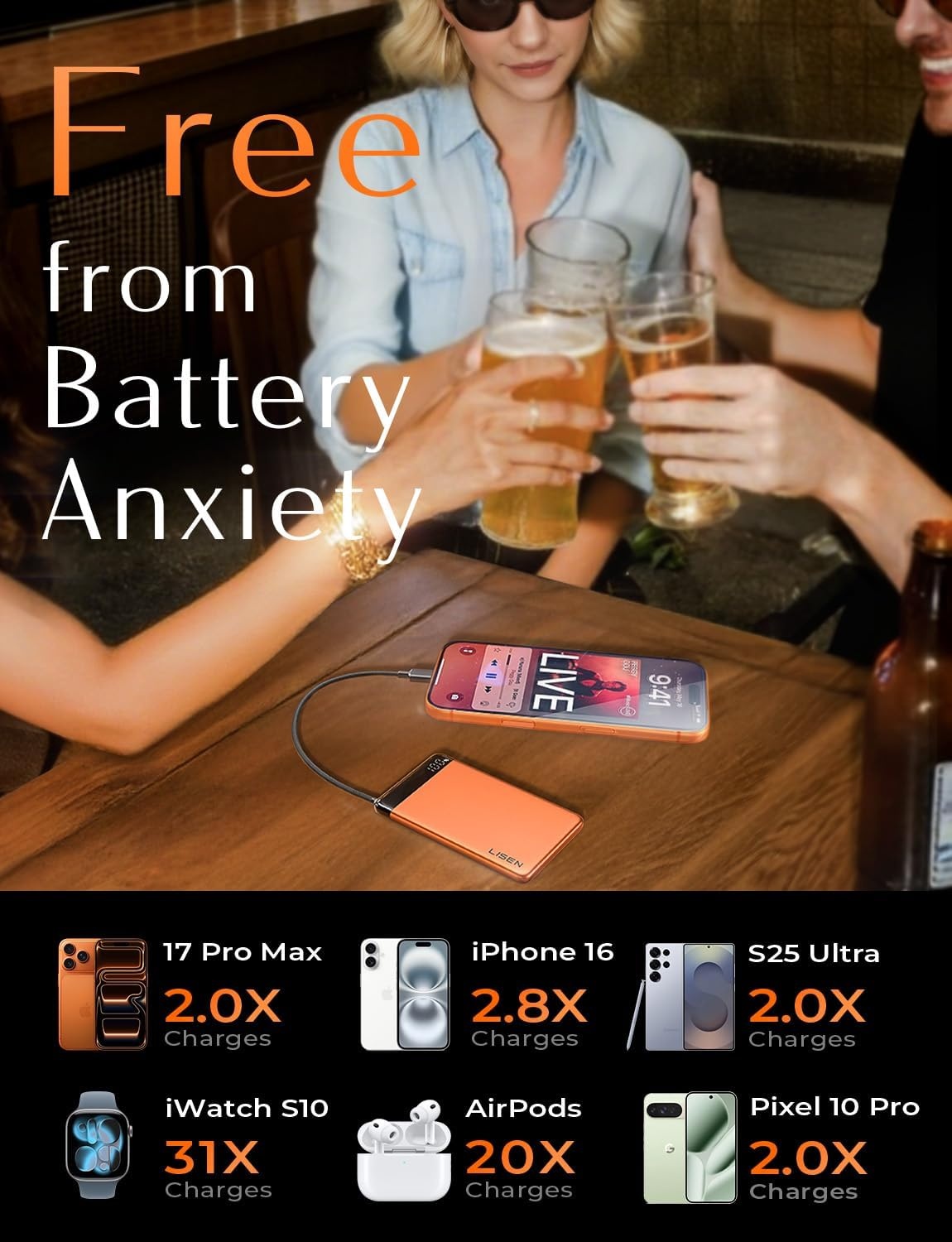 image:imageLISEN CCC Certified Metal Alloy 05 Ultra Slim 10000mAh Power Bank 3C TSA Approved Airplane Travel Essentials Portable Charger USBC Fast Charging for iPhone 17 Air 16 15 Pro Samsung Galaxy S26Orange