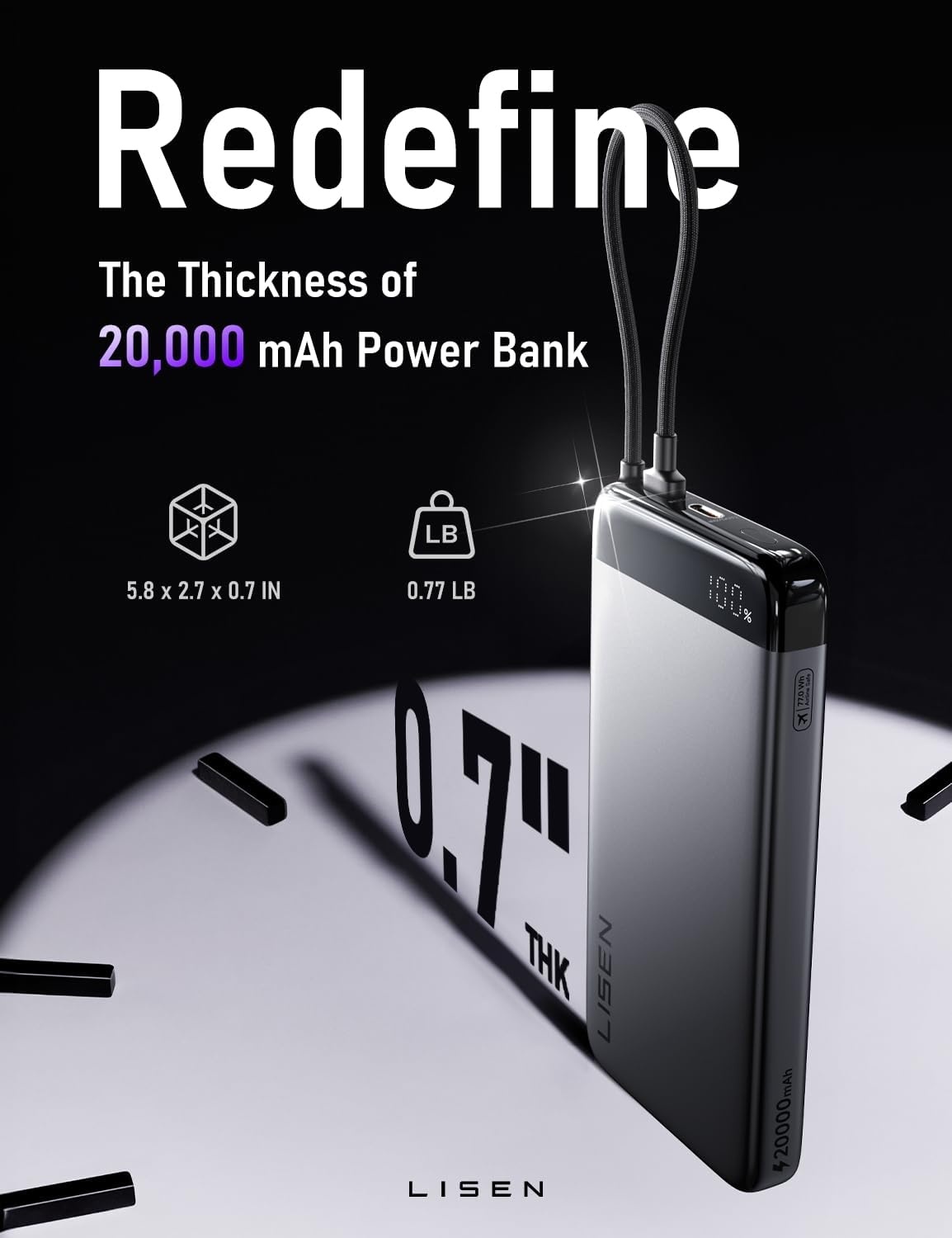 image:imageLISEN CCC Certified Metal Alloy 05 Ultra Slim 10000mAh Power Bank 3C TSA Approved Airplane Travel Essentials Portable Charger USBC Fast Charging for iPhone 17 Air 16 15 Pro Samsung Galaxy S26Silver