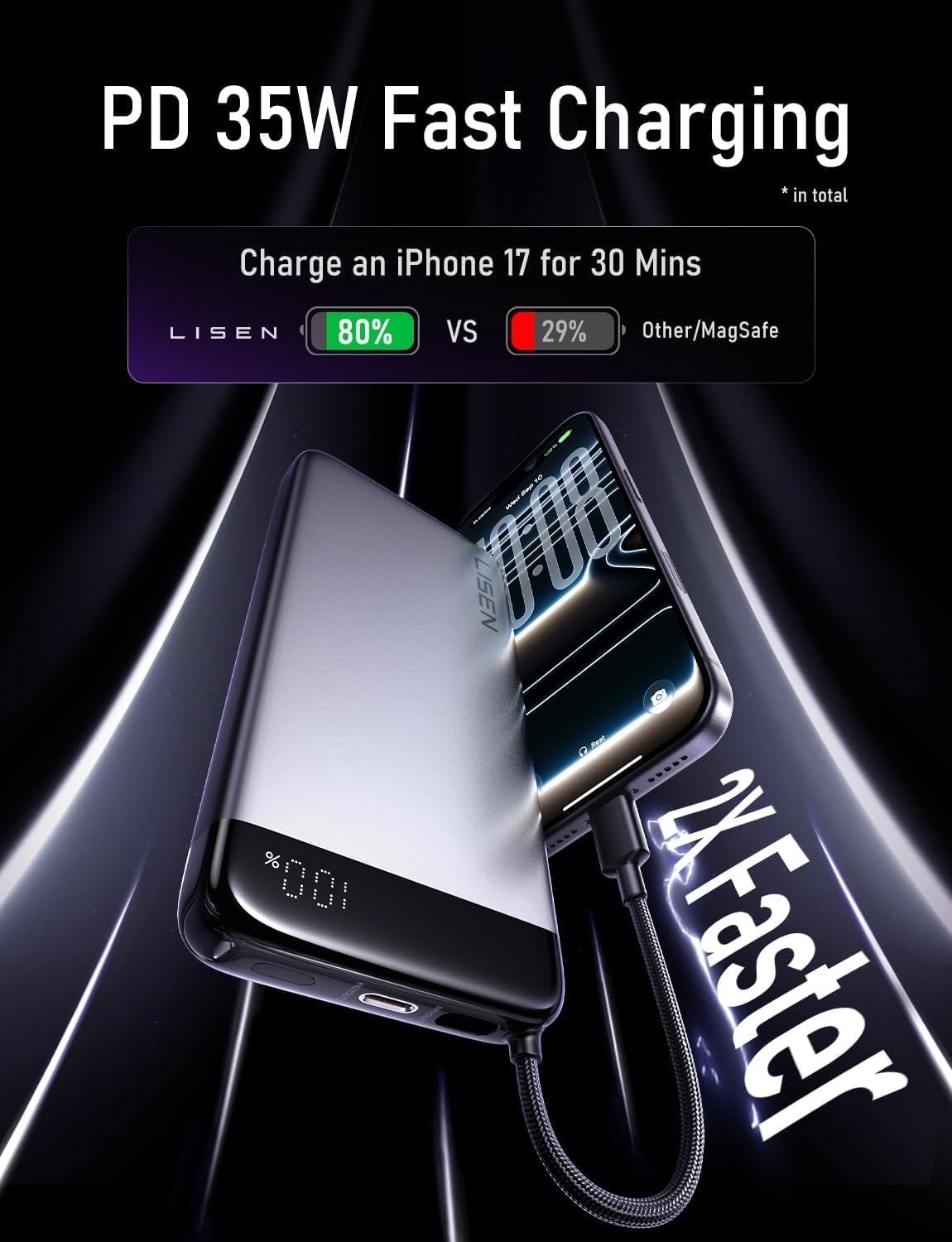 image:imageLISEN CCC Certified Metal Alloy 05 Ultra Slim 10000mAh Power Bank 3C TSA Approved Airplane Travel Essentials Portable Charger USBC Fast Charging for iPhone 17 Air 16 15 Pro Samsung Galaxy S26Silver