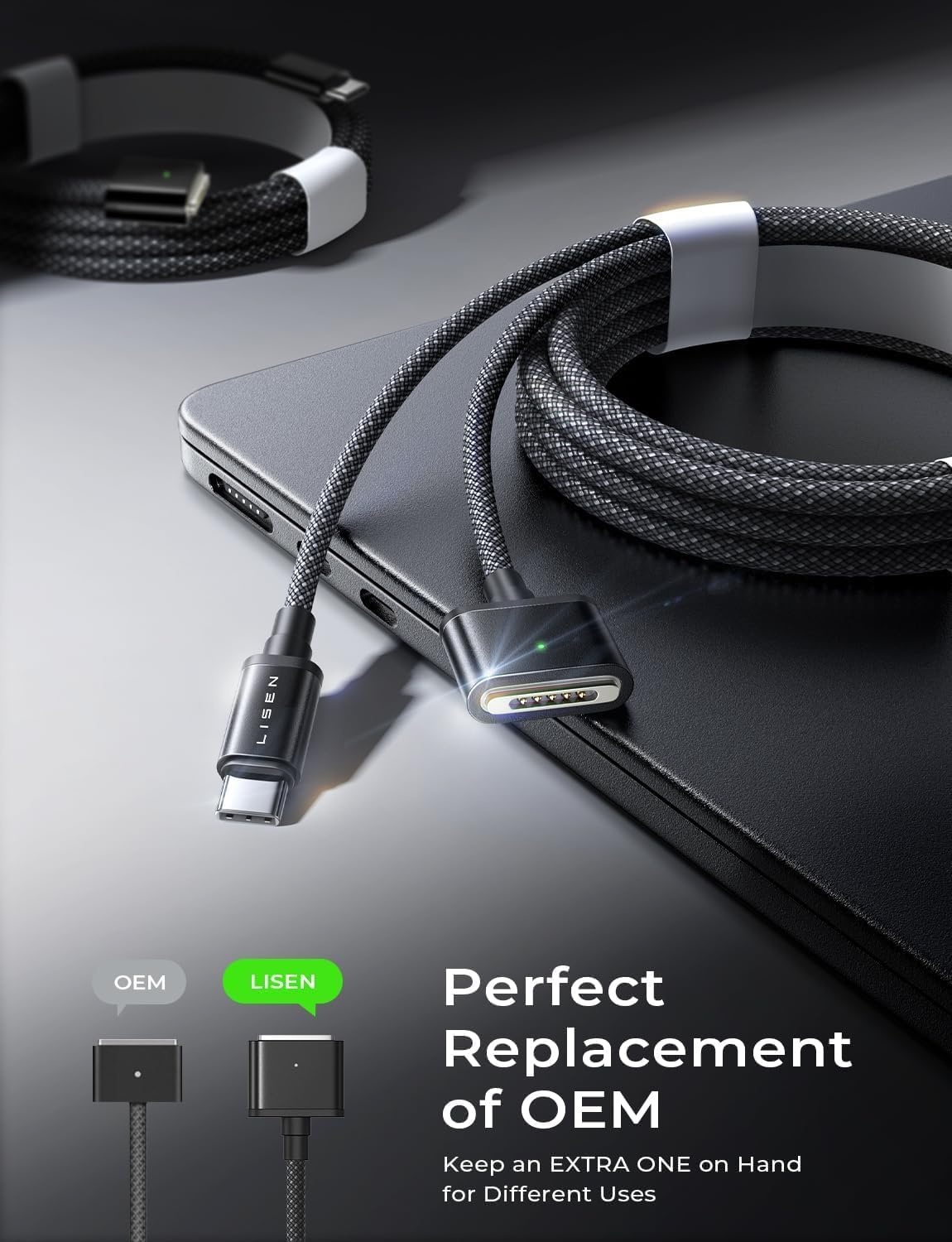 image:imageLISEN MacBook Charger USBC to Magnetic 3 Cable 66FT for M4M3M2 MacBook Pro Air M5 Charger 140W Magnetic Safe 3 Cable Computer Laptop Cord for Pro 1614 20262021 Air 1513 20262022Black