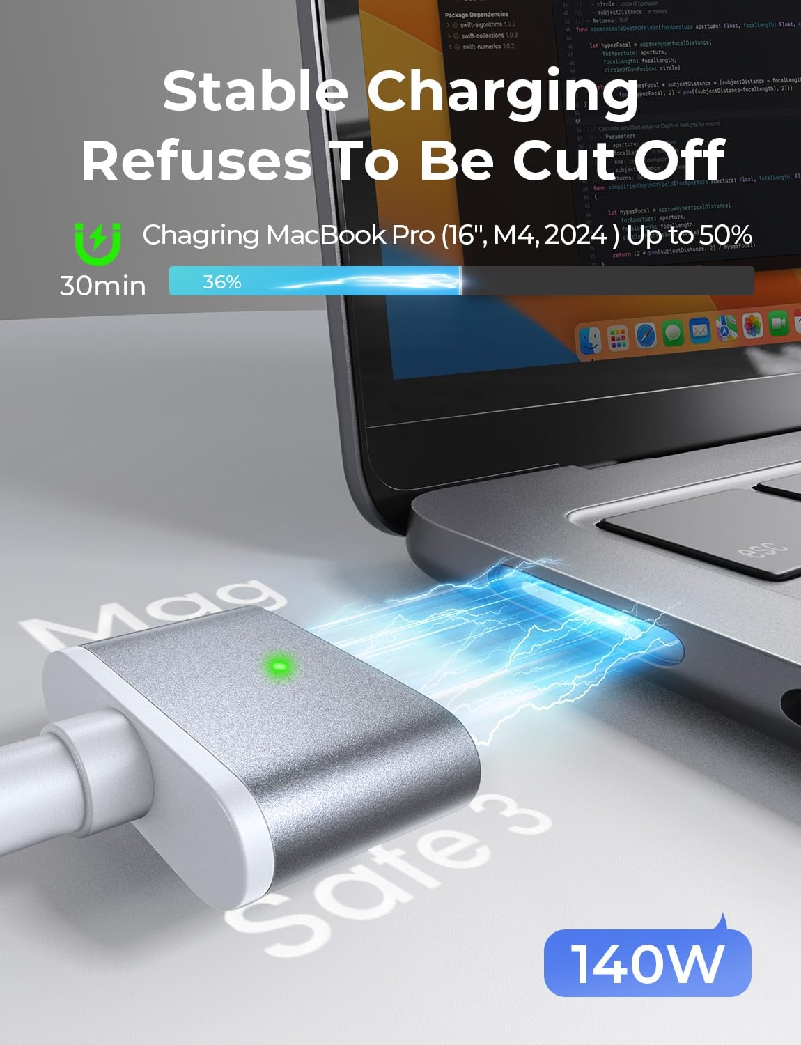 image:imageLISEN MacBook Charger USBC to Magnetic 3 Cable 66FT for M4M3M2 MacBook Pro Air M5 Charger 140W Magnetic Safe 3 Cable Computer Laptop Cord for Pro 1614 20262021 Air 1513 20262022Grey