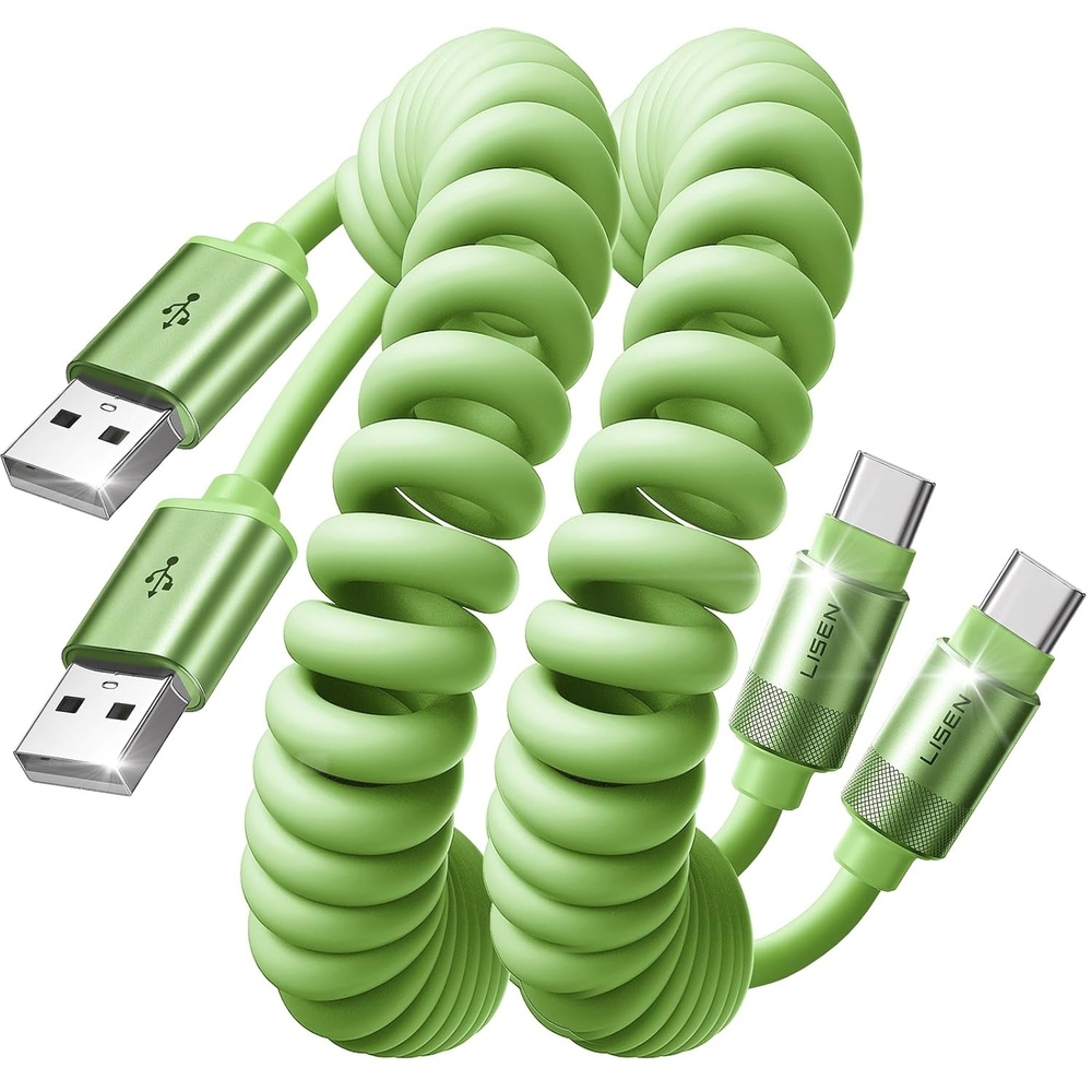 image:imageLISEN Coiled USB C Cable 2 Pack for Android Auto amp CarPlay Cable Short USB A to USB C Cable Compatible with iPhone 171615 Samsung Galaxy S25S24S23 A15A14 Google Pixel 98 Green 4FTGreen