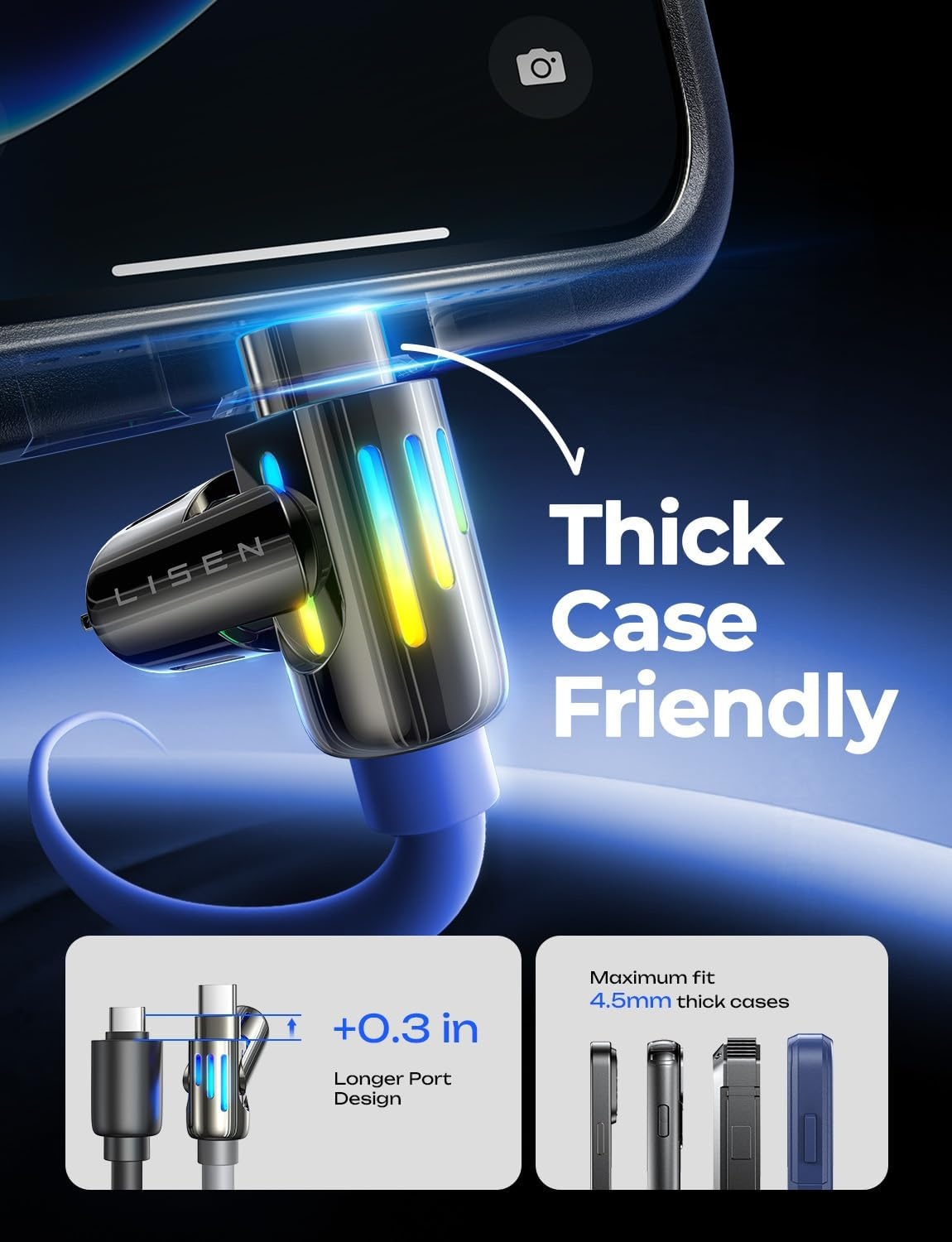 image:imageLISEN 10 FT USB C Cable Fast Charging 240W 4 in 1 Charging Cable Chubby Type CA to CLightning Cable with Light for iPhone 16 15 14 ProMacBookiPadSamsungSwitch Multi Chargers for All DevicesDark Blue