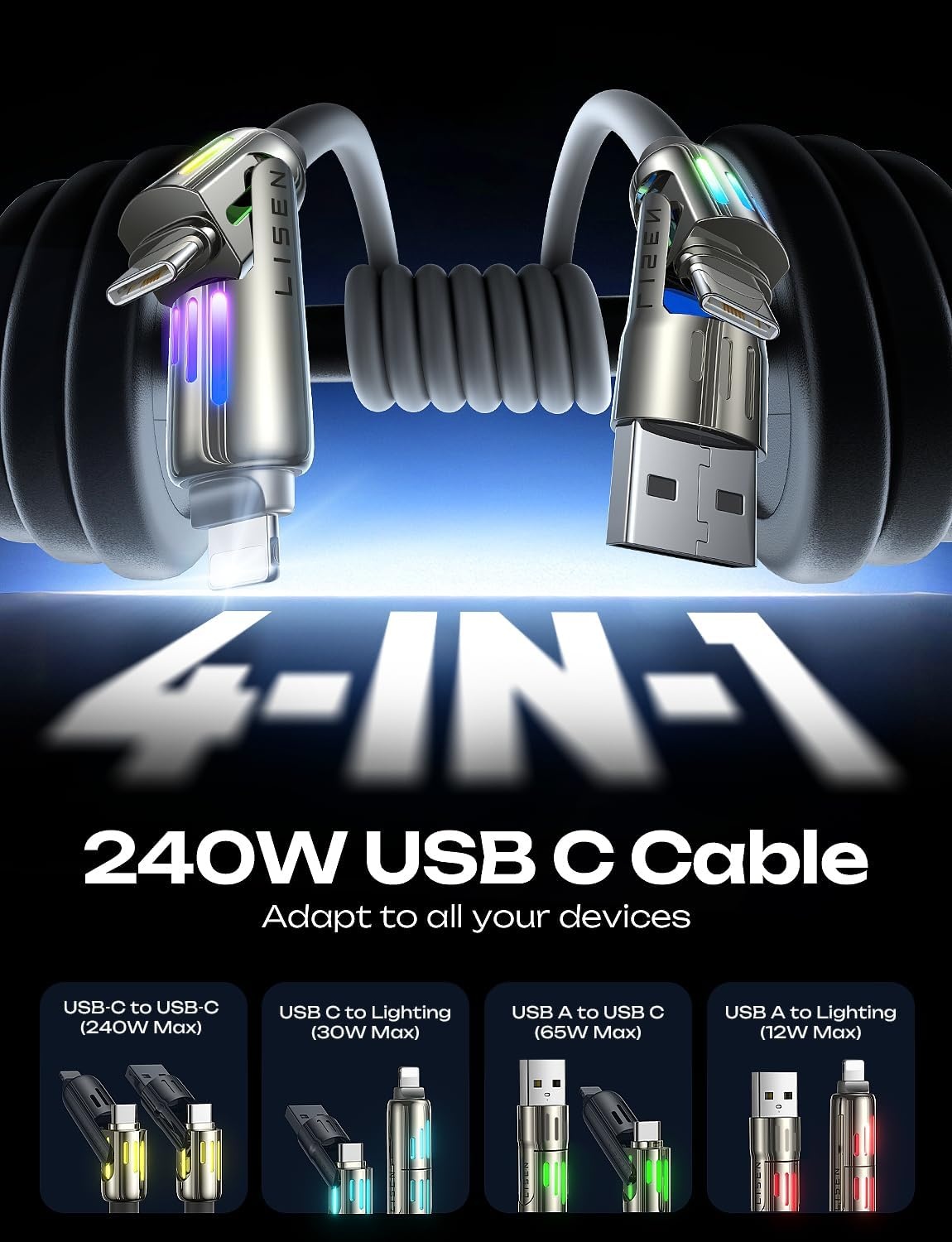 image:imageLISEN 10 FT USB C Cable Fast Charging 240W 4 in 1 Charging Cable Chubby Type CA to CLightning Cable with Light for iPhone 16 15 14 ProMacBookiPadSamsungSwitch Multi Chargers for All DevicesGrey