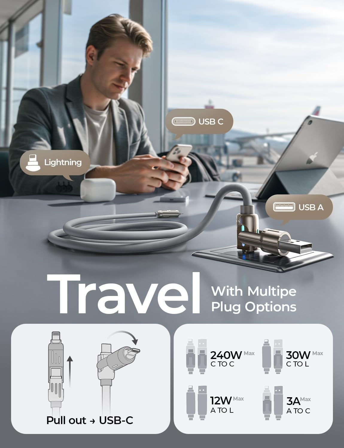 image:imageLISEN 10 FT USB C Cable Fast Charging 240W 4 in 1 Charging Cable Chubby Type CA to CLightning Cable with Light for iPhone 16 15 14 ProMacBookiPadSamsungSwitch Multi Chargers for All DevicesGrey
