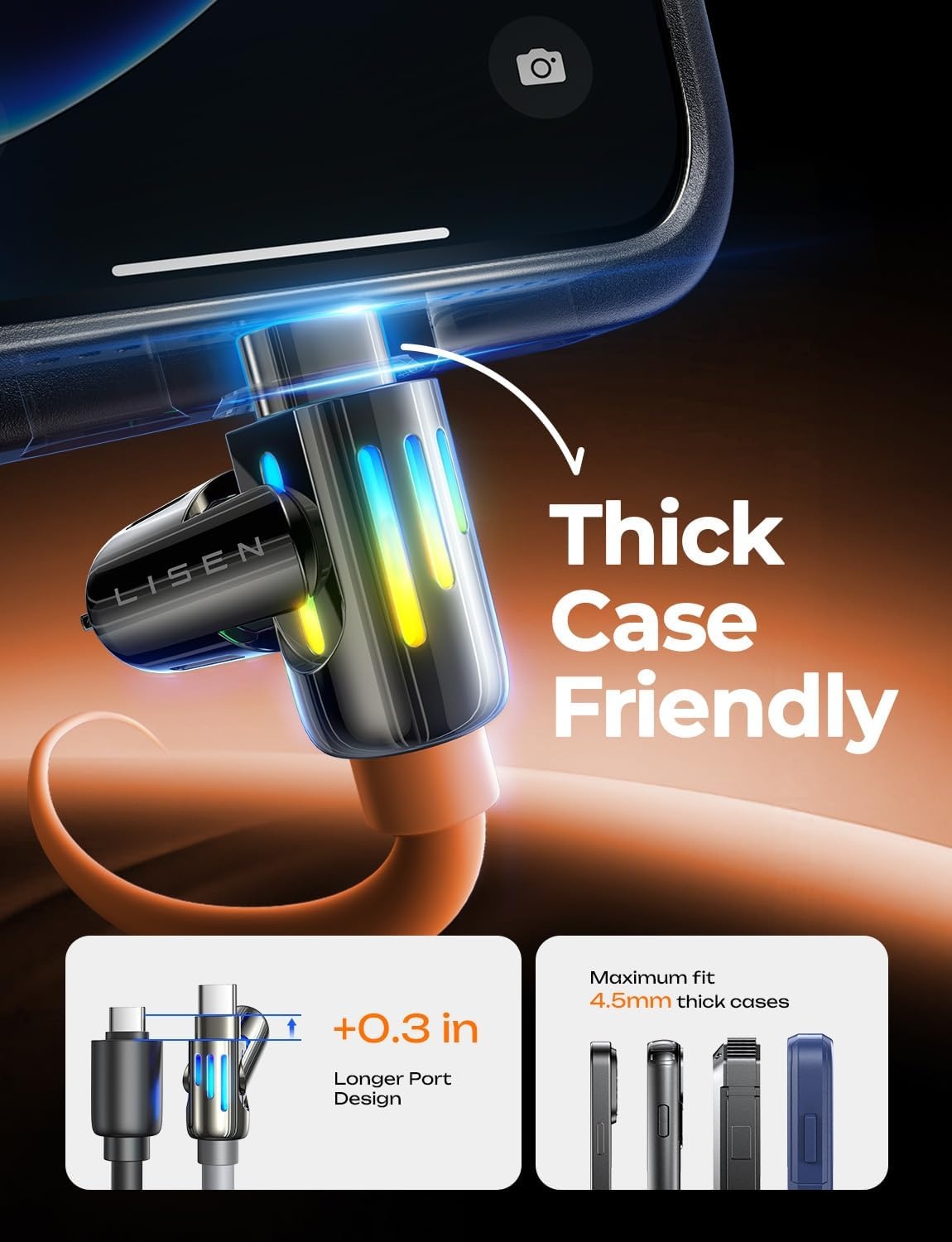 image:imageLISEN 10 FT USB C Cable Fast Charging 240W 4 in 1 Charging Cable Chubby Type CA to CLightning Cable with Light for iPhone 16 15 14 ProMacBookiPadSamsungSwitch Multi Chargers for All DevicesOrange