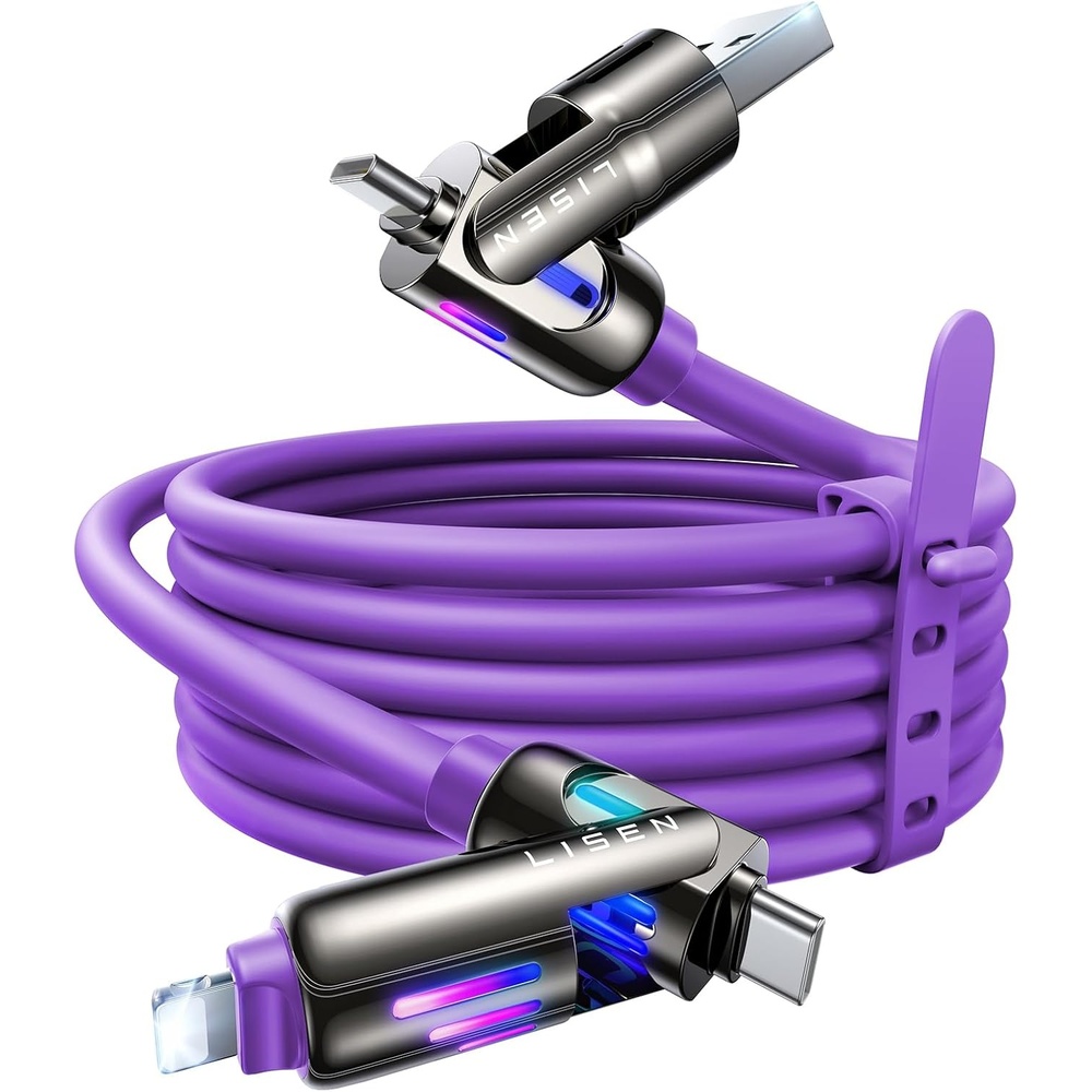image:imageLISEN 10 FT USB C Cable Fast Charging 240W 4 in 1 Charging Cable Chubby Type CA to CLightning Cable with Light for iPhone 16 15 14 ProMacBookiPadSamsungSwitch Multi Chargers for All DevicesPurple
