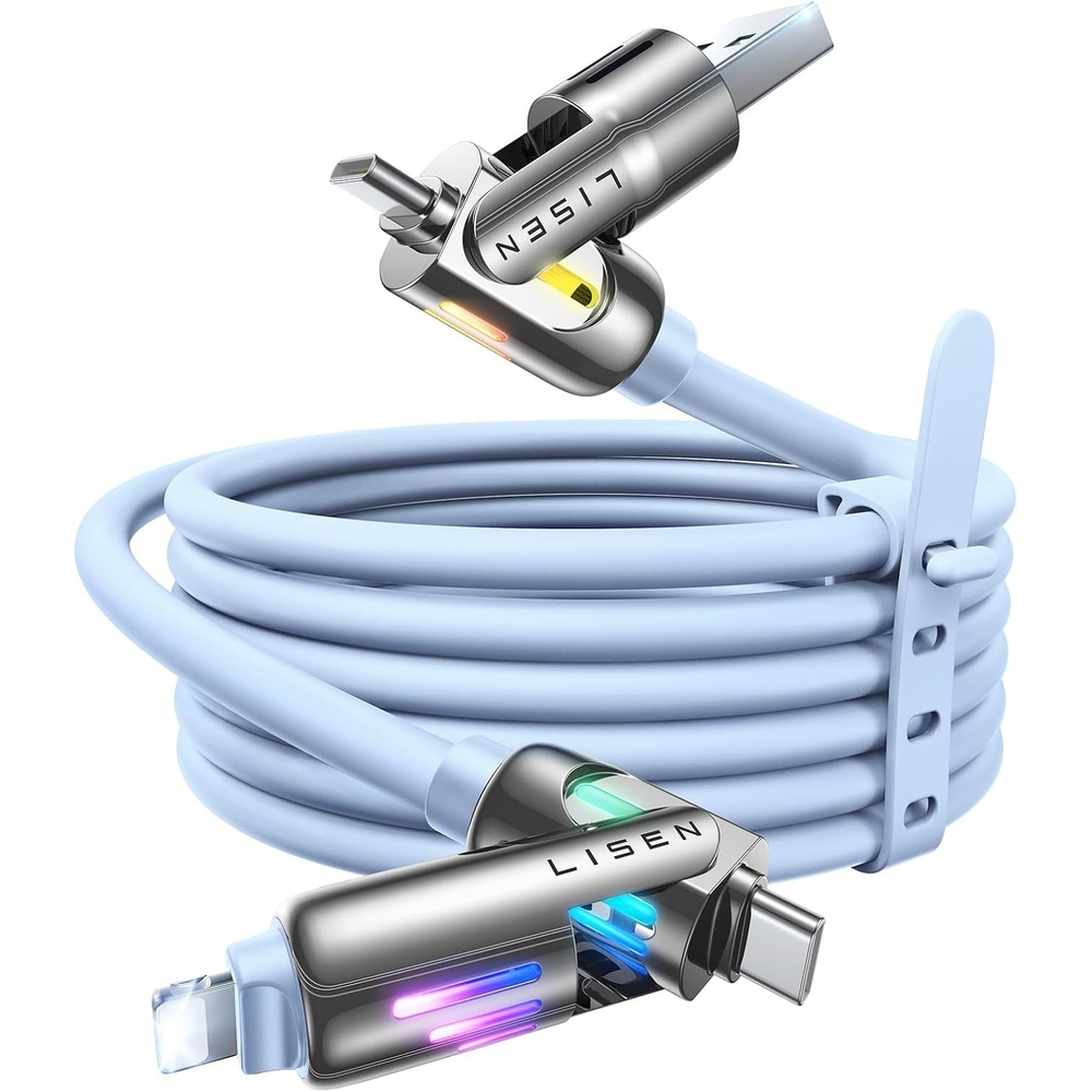 image:imageLISEN 10 FT USB C Cable Fast Charging 240W 4 in 1 Charging Cable Chubby Type CA to CLightning Cable with Light for iPhone 16 15 14 ProMacBookiPadSamsungSwitch Multi Chargers for All DevicesSky Blue