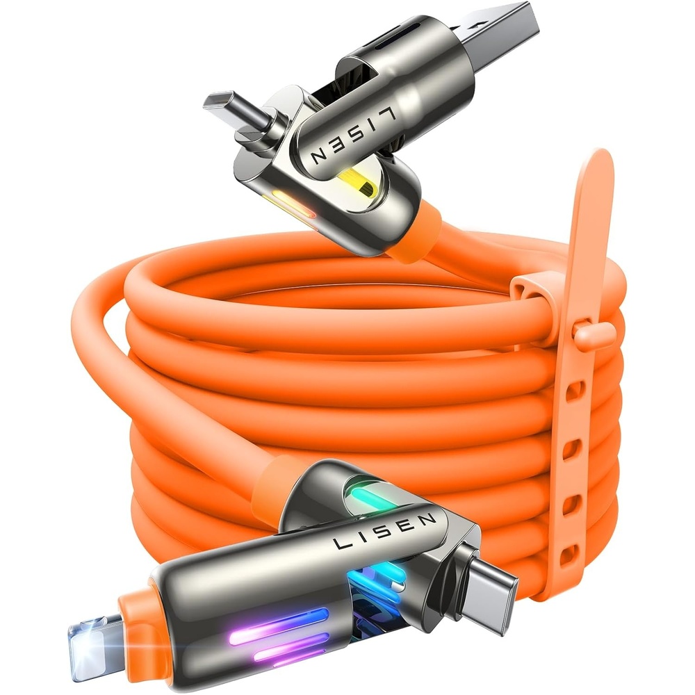 image:imageLISEN 10 FT USB C Cable Fast Charging 240W 4 in 1 Charging Cable Chubby Type CA to CLightning Cable with Light for iPhone 16 15 14 ProMacBookiPadSamsungSwitch Multi Chargers for All DevicesOrange