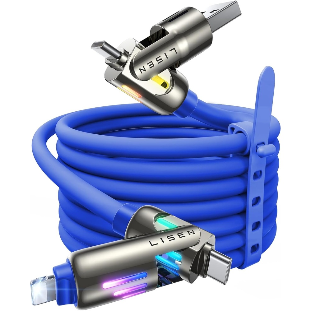 image:imageLISEN 10 FT USB C Cable Fast Charging 240W 4 in 1 Charging Cable Chubby Type CA to CLightning Cable with Light for iPhone 16 15 14 ProMacBookiPadSamsungSwitch Multi Chargers for All DevicesDark Blue