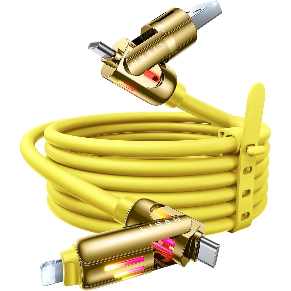 image:imageLISEN 10 FT USB C Cable Fast Charging 240W 4 in 1 Charging Cable Chubby Type CA to CLightning Cable with Light for iPhone 16 15 14 ProMacBookiPadSamsungSwitch Multi Chargers for All DevicesYellow
