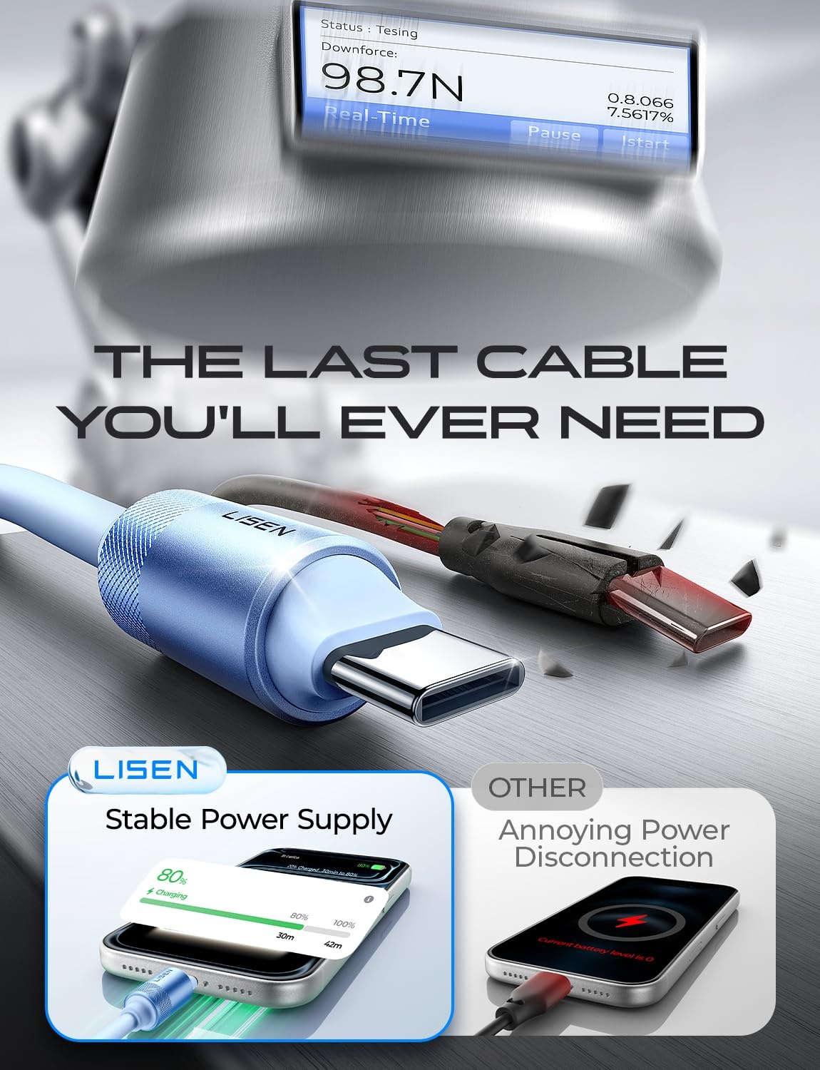 image:imageLISEN 10FT USB C Cable Fast Charging Chubby 240W Cable USB C to USB C Fast Charging Soft Silicone USBC to USBC Parallel Cable for iPhone 17 Pro Max 16 15 Samsung S25 Ultra MacBook Pro Air iPad BlackBlue